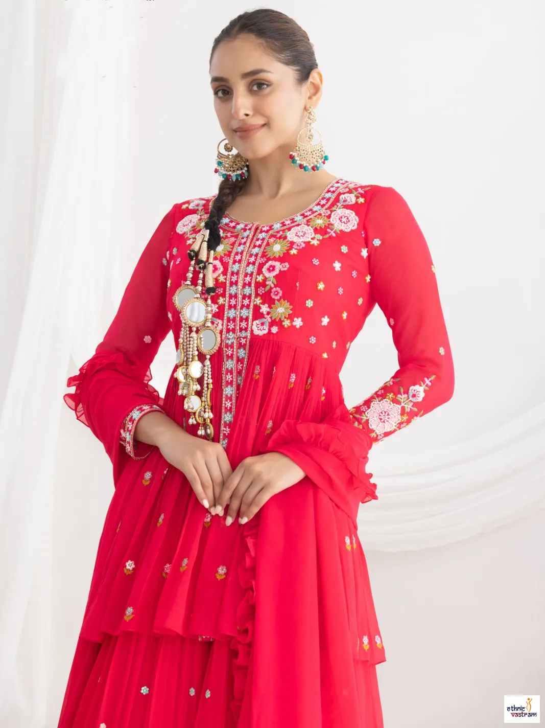 Rani Pink Georgette Floral Resham & Beads Work Lehenga Set - Image 3