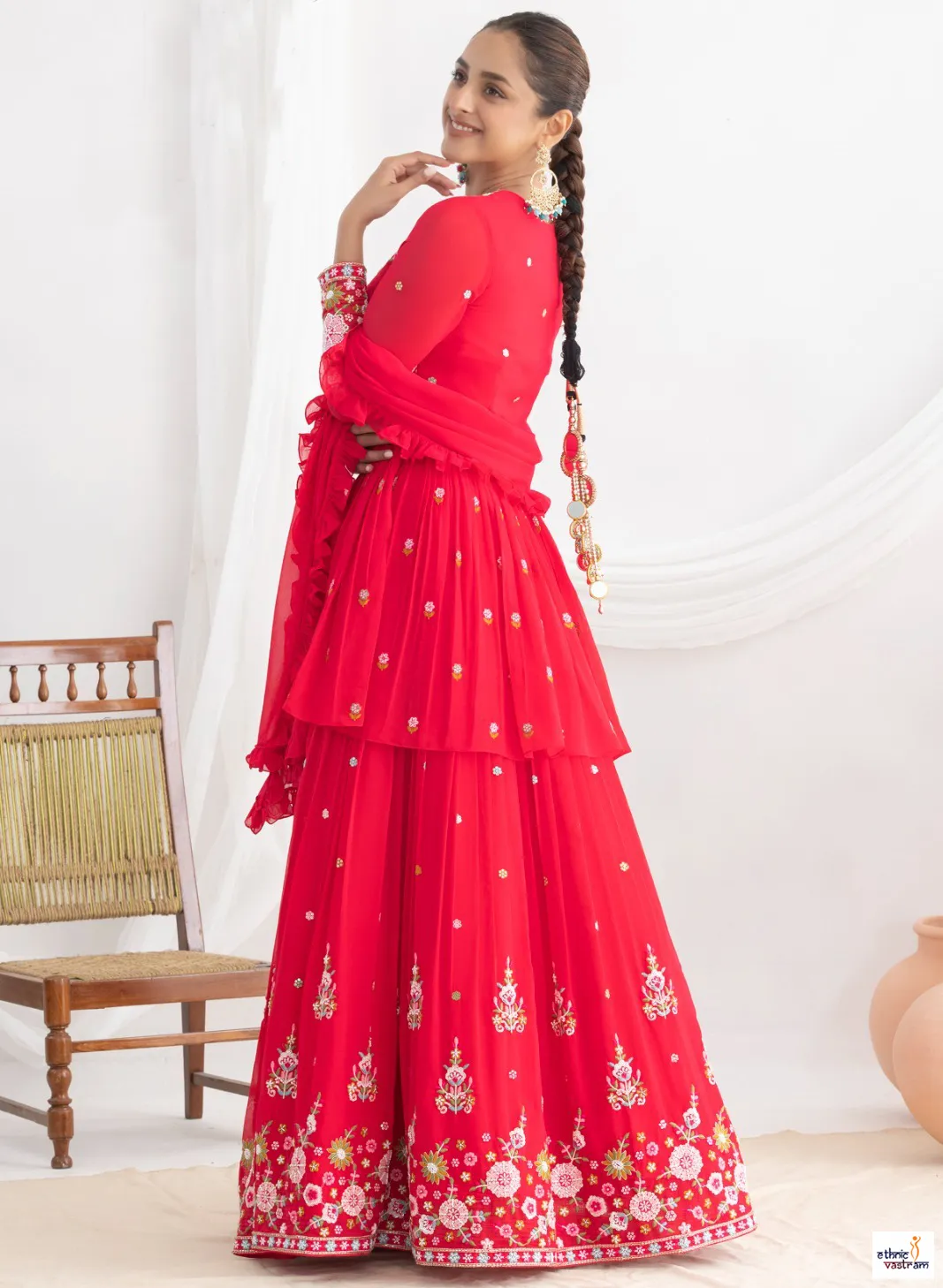 Rani Pink Georgette Floral Resham & Beads Work Lehenga Set - Image 2