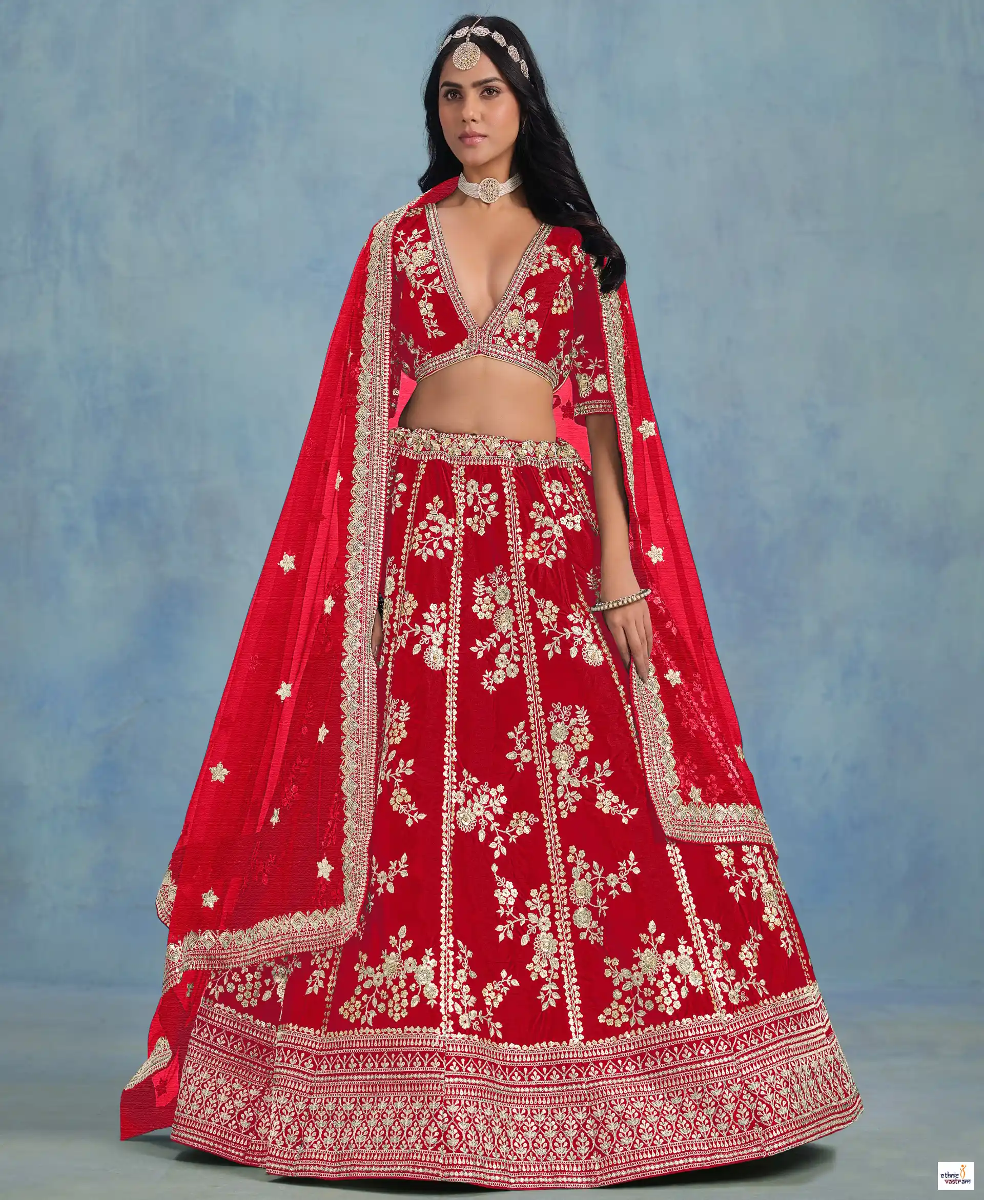 Red Art Silk Floral Zari Embroidered Lehenga Choli Set