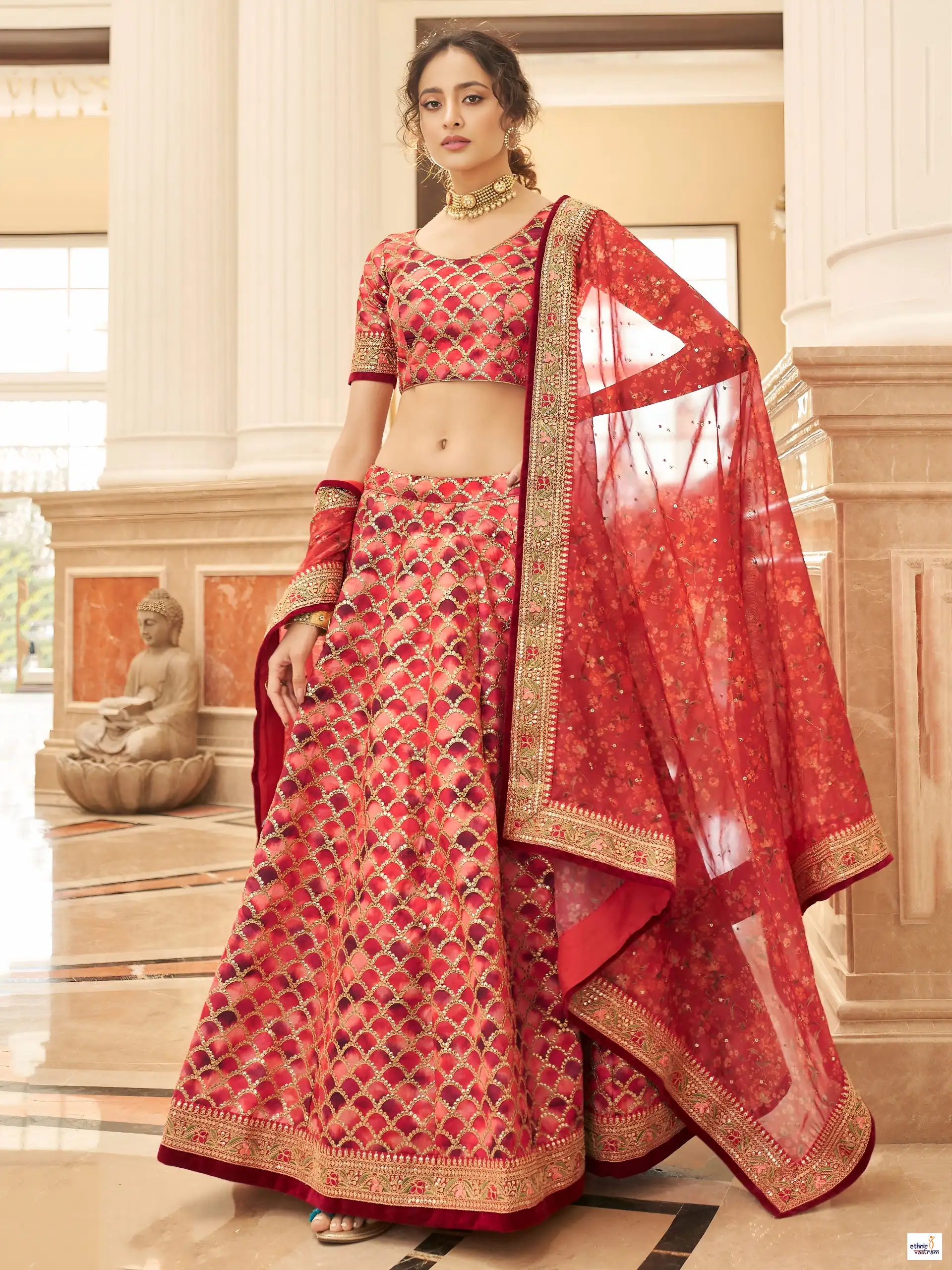 Red Art Silk Zari Embroidered Geometric Pattern Lehenga Choli - Image 2