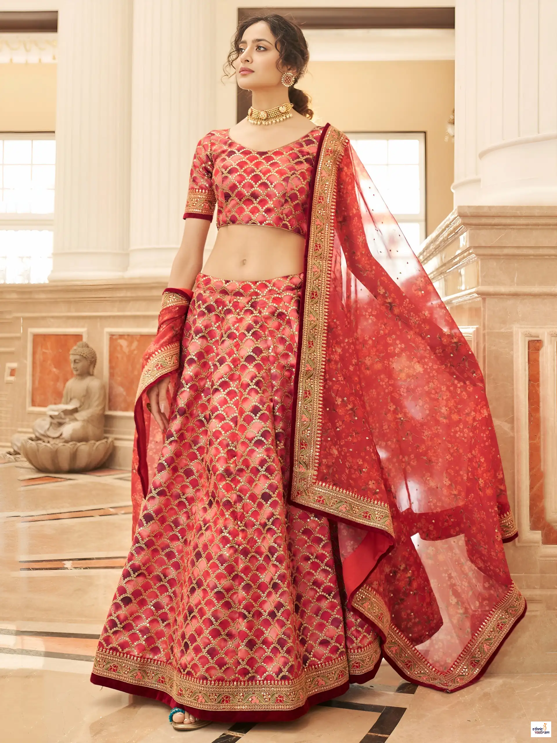 Red Art Silk Zari Embroidered Geometric Pattern Lehenga Choli