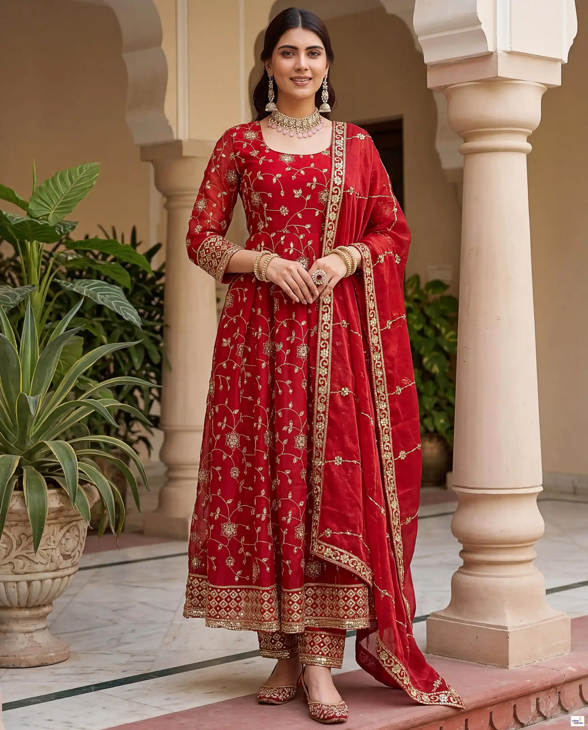 Red Fandy Silk Embroidered Sequins Work Gown Set