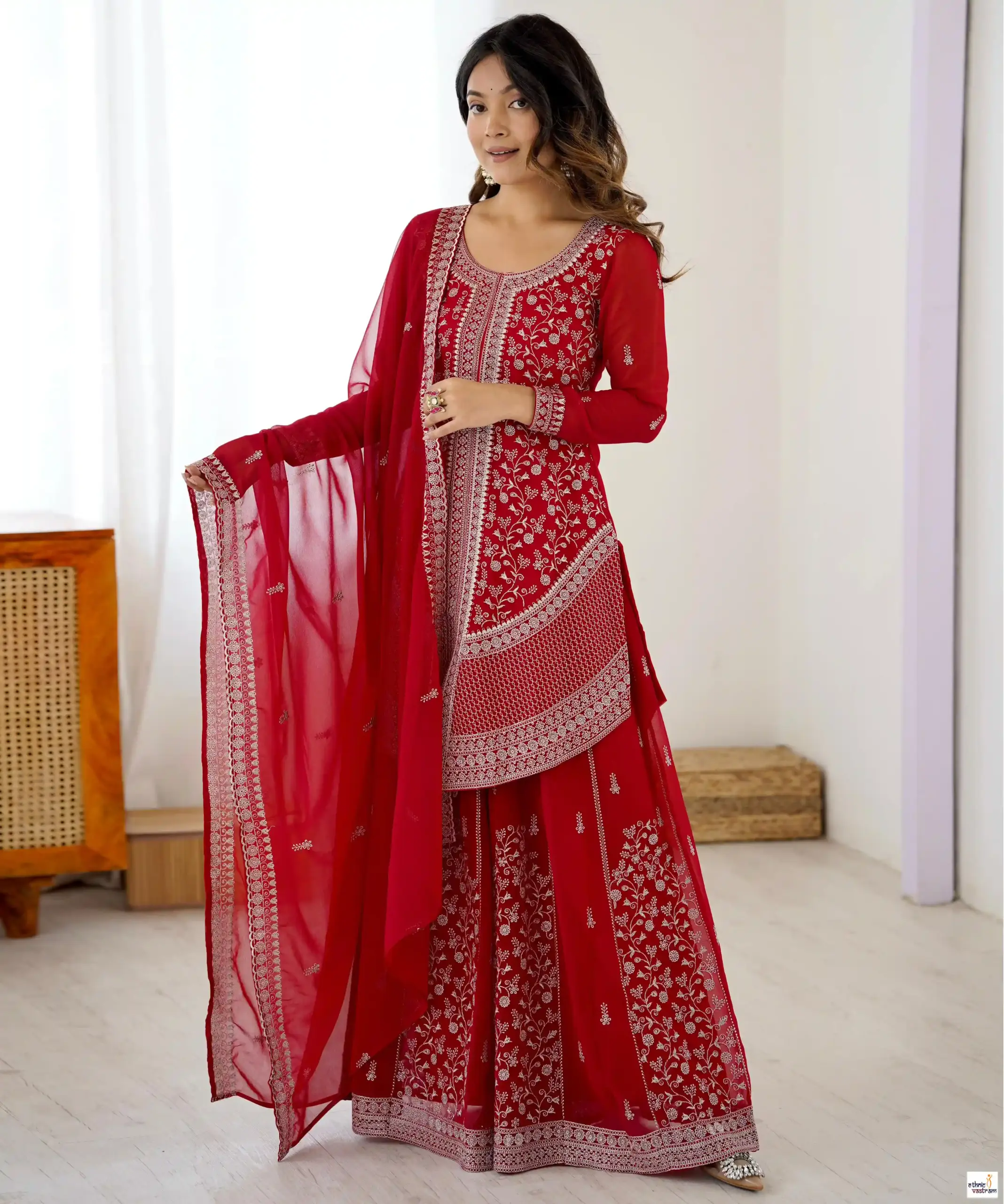 Red Faux Georgette Sequins Embroidered Plazzo Salwar Suit