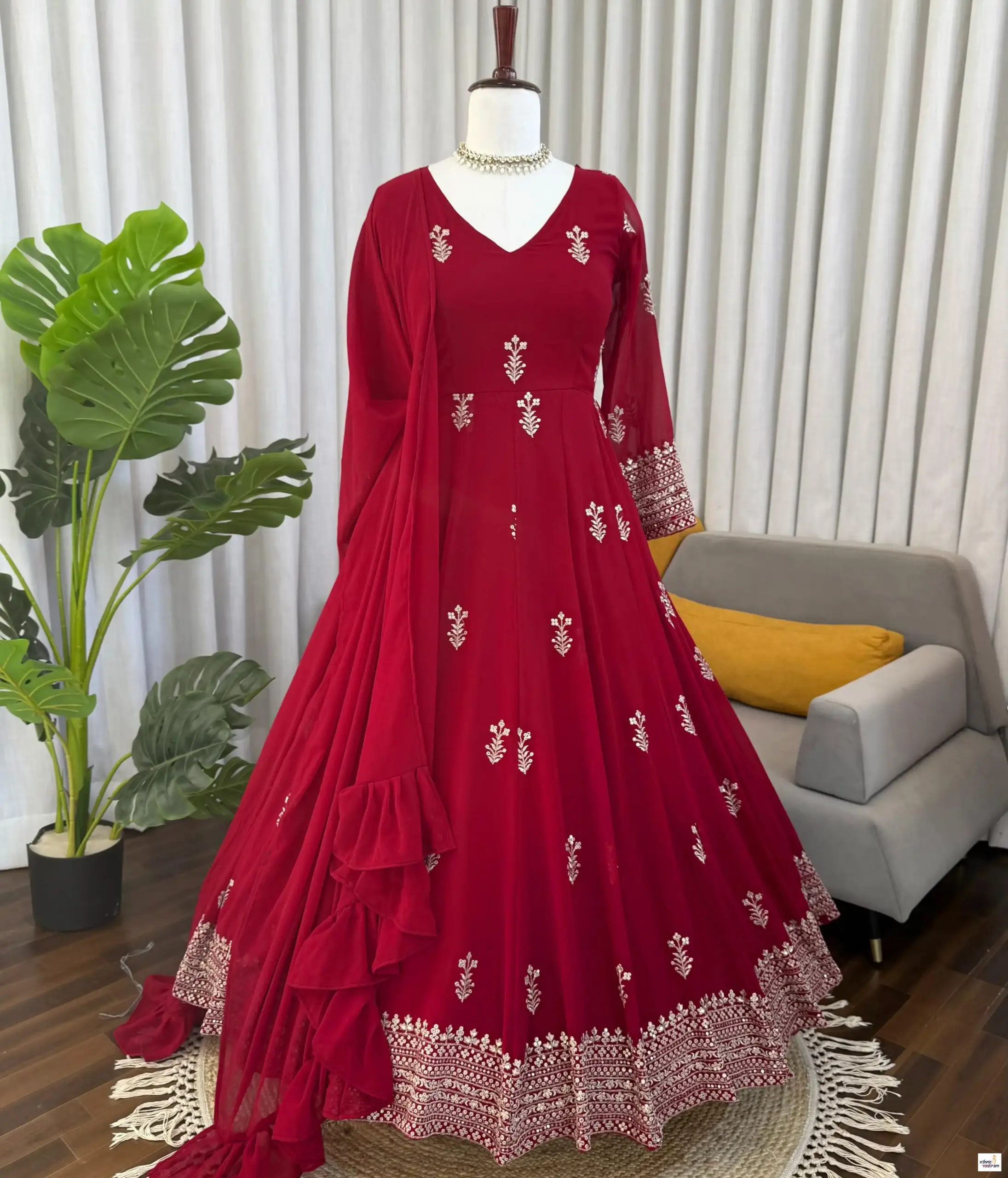 Red Faux Georgette Thread Sequins Work Readymade Anarkali Suit