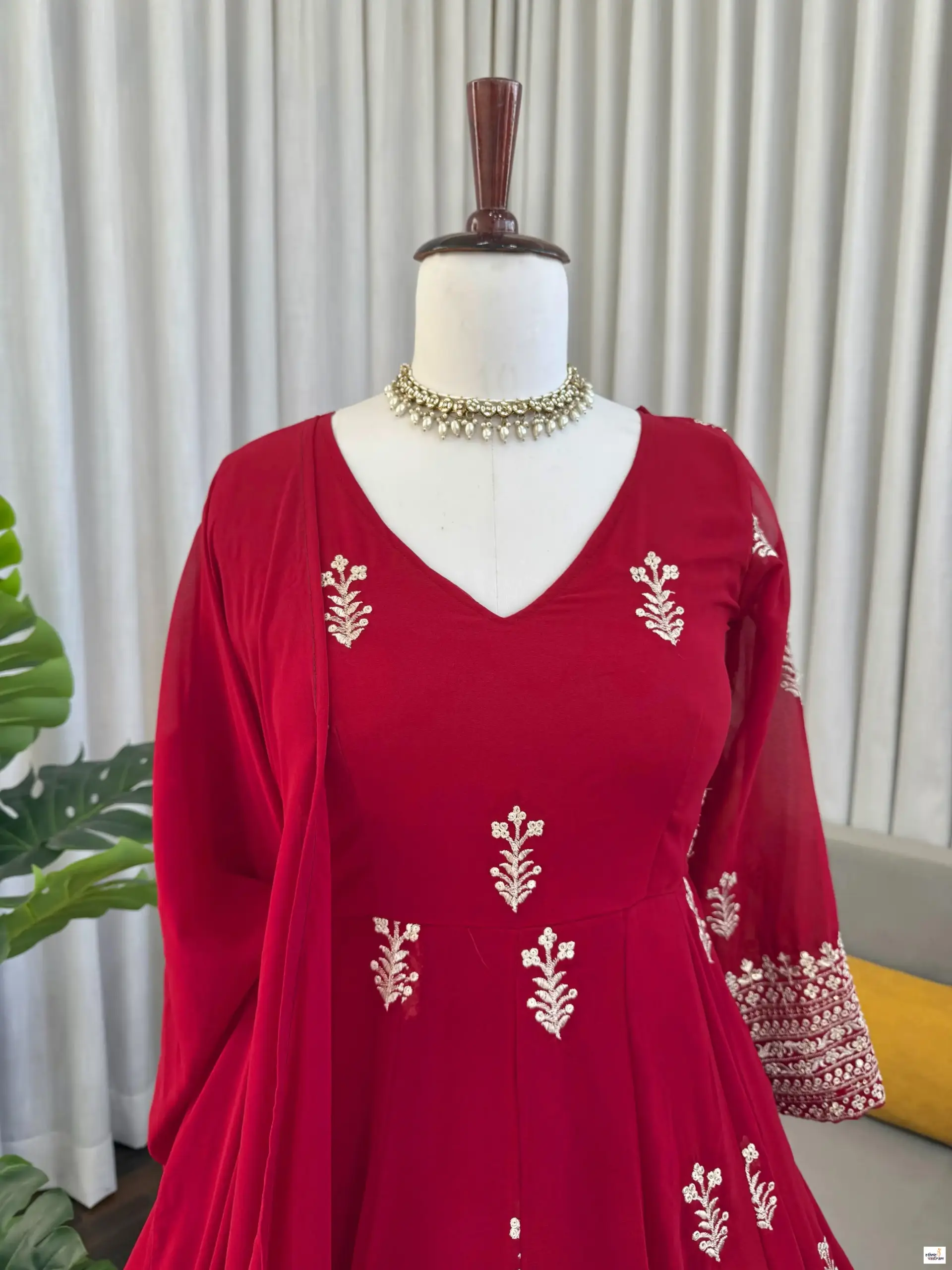 Red Faux Georgette Thread Sequins Work Readymade Anarkali Suit - Image 2