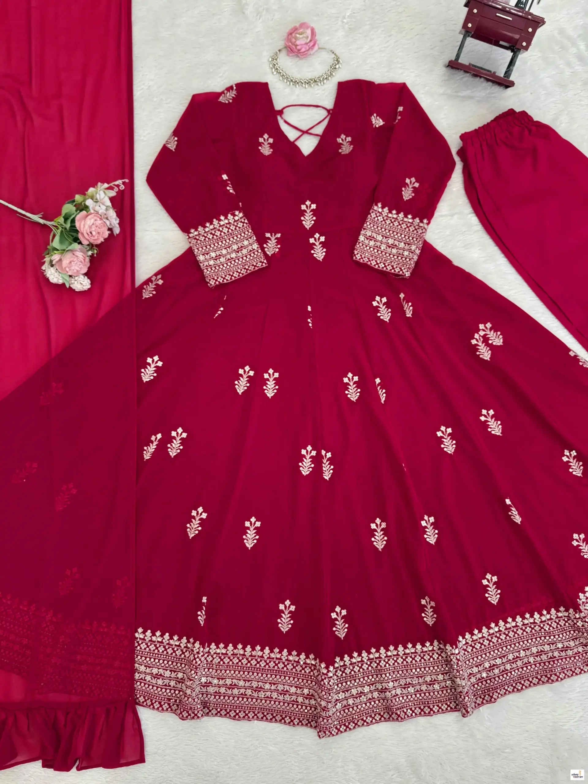 Red Faux Georgette Thread Sequins Work Readymade Anarkali Suit - Image 3