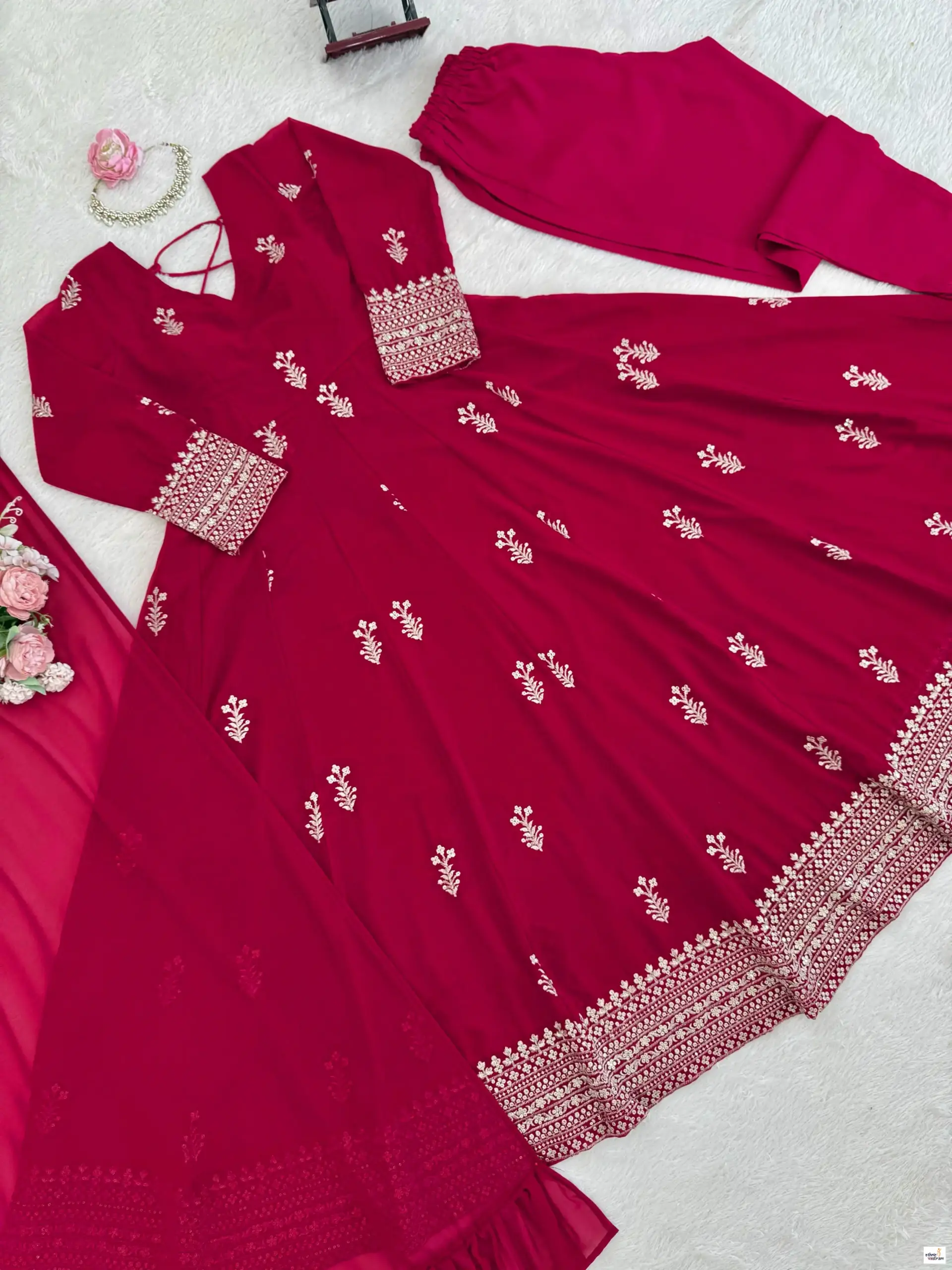 Red Faux Georgette Thread Sequins Work Readymade Anarkali Suit - Image 4