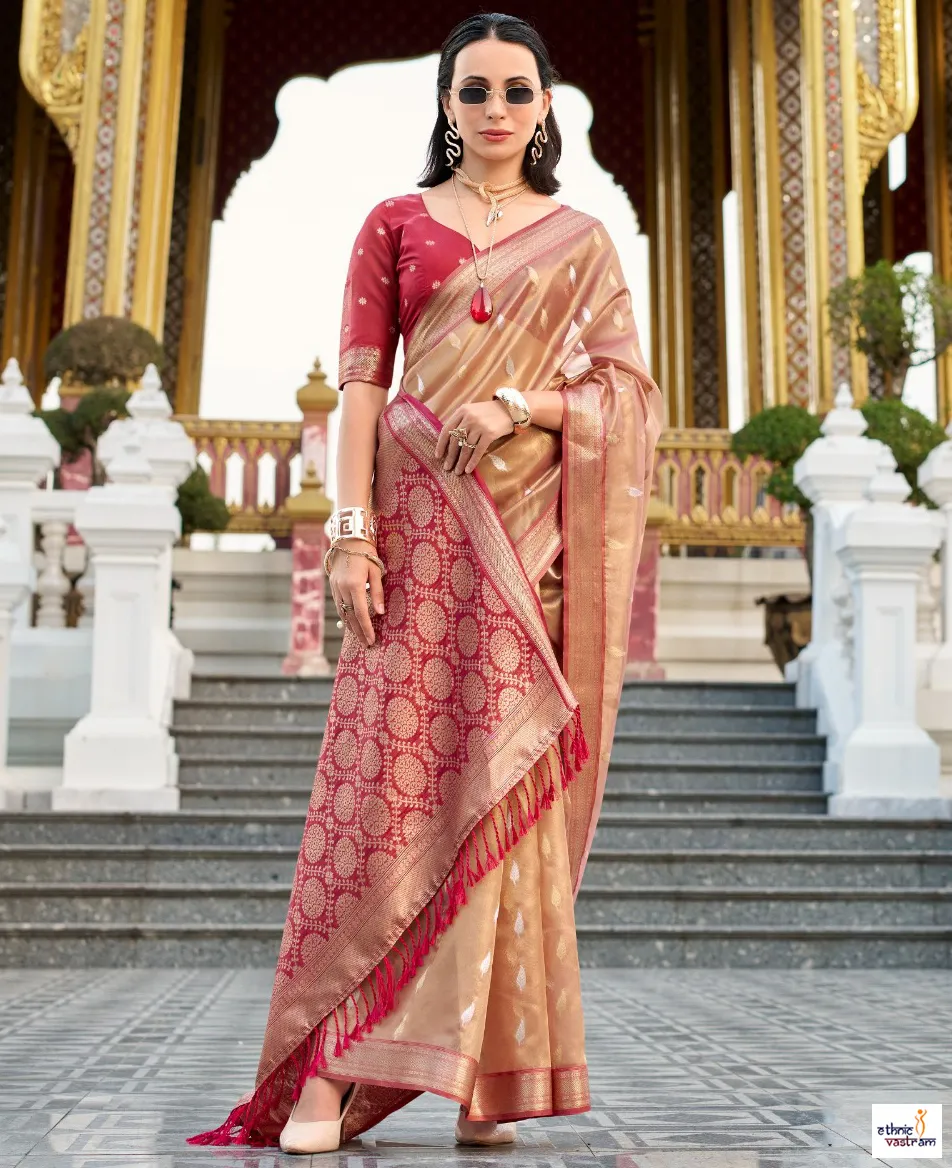 Rose Gold Tissue Silk Rich Woven Border Traditional Saree