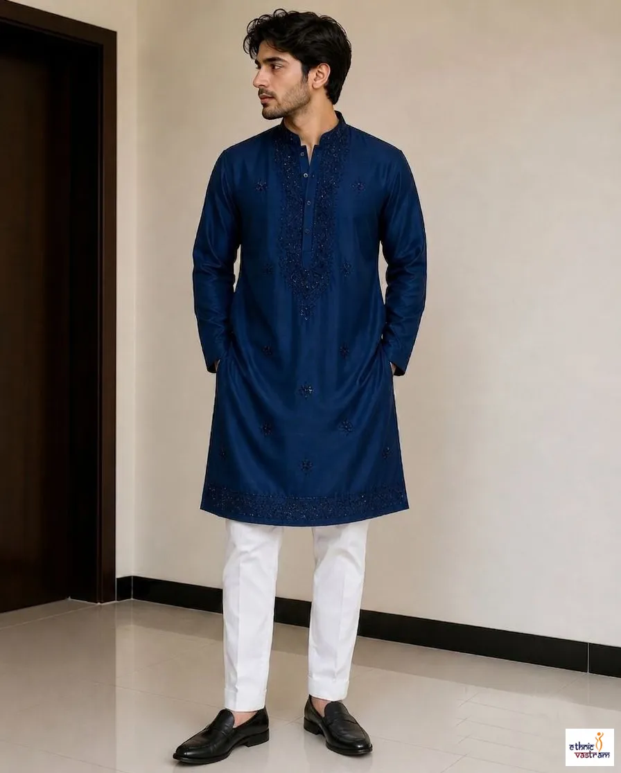 Royal Blue Junior Cotton Embroidered Kurta Pajama Set