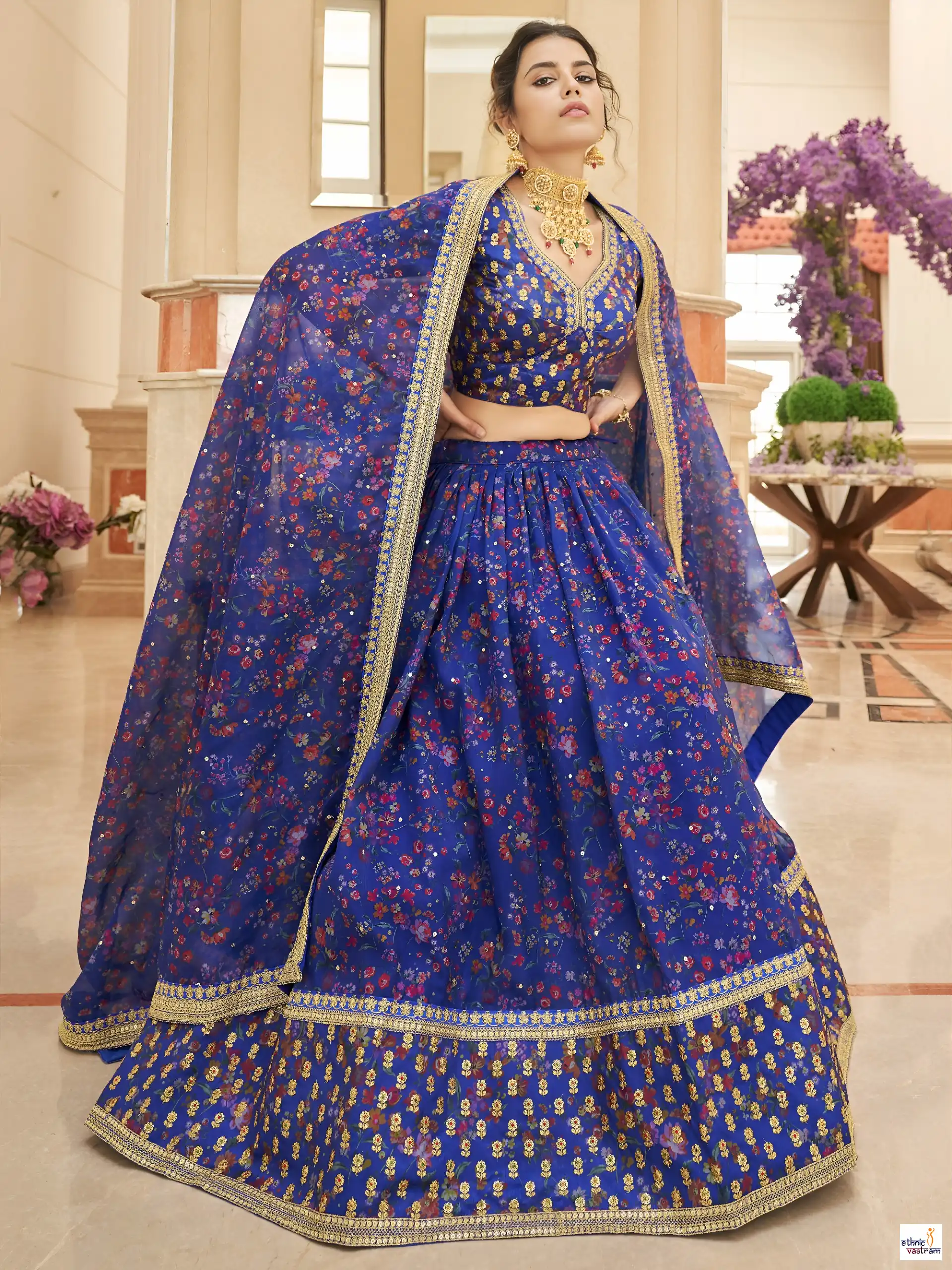 Royal Blue Organza Golden Border Floral Print Lehenga Choli - Image 3