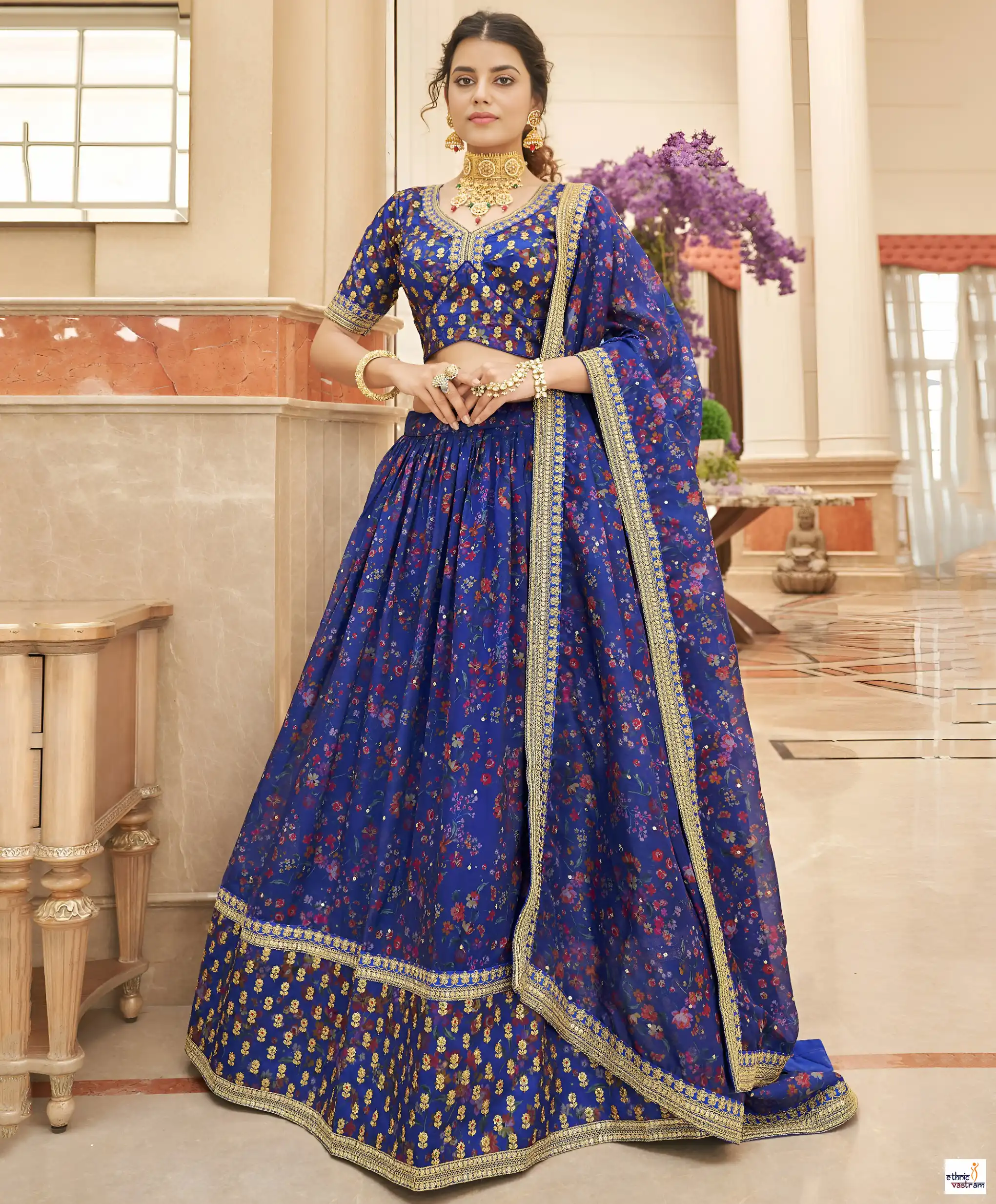 Royal Blue Organza Golden Border Floral Print Lehenga Choli