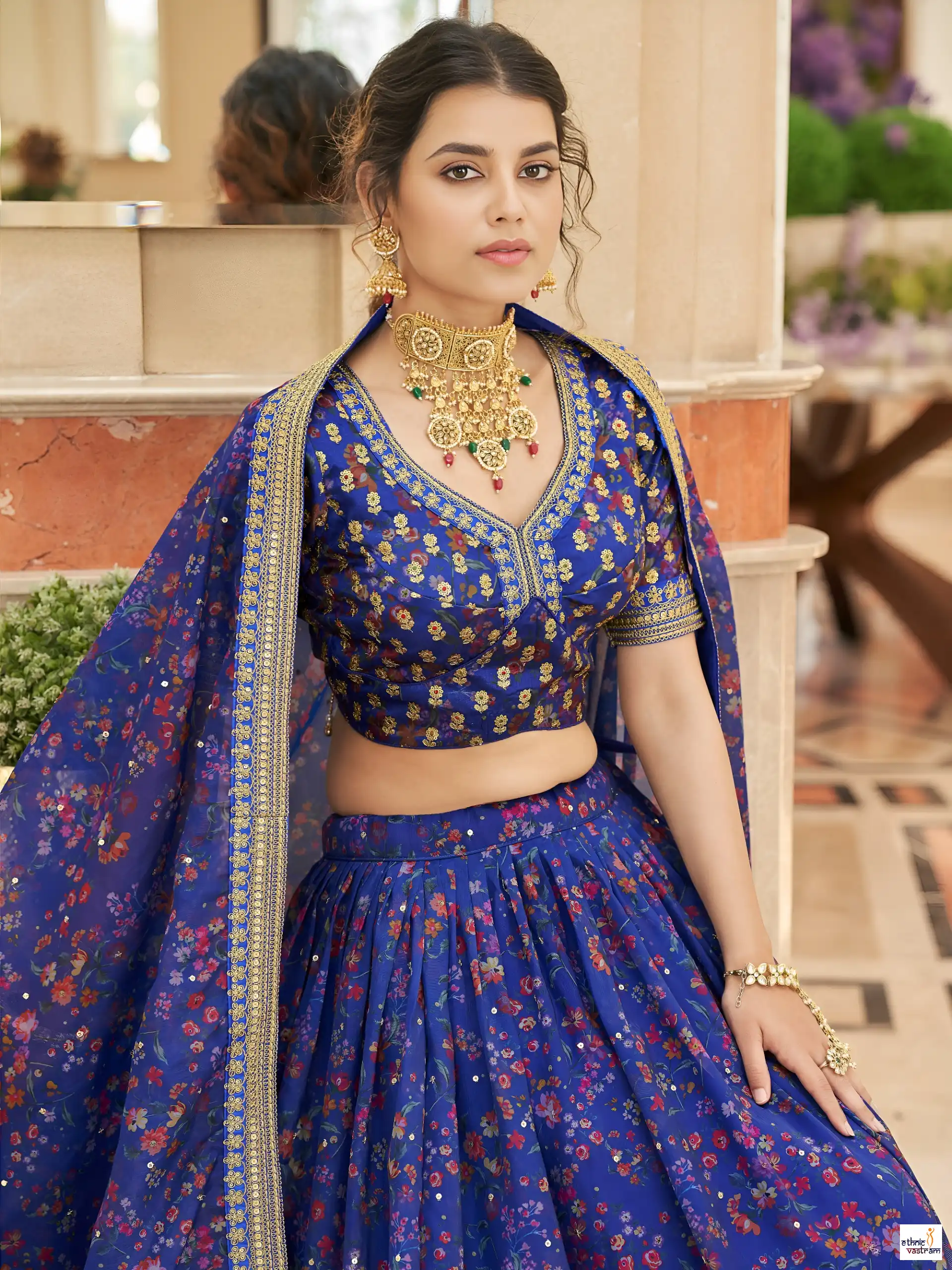 Royal Blue Organza Golden Border Floral Print Lehenga Choli - Image 2