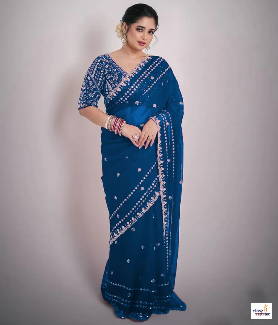 Royal Blue Soft Space Silk Sequins and Zari Work Designer Saree