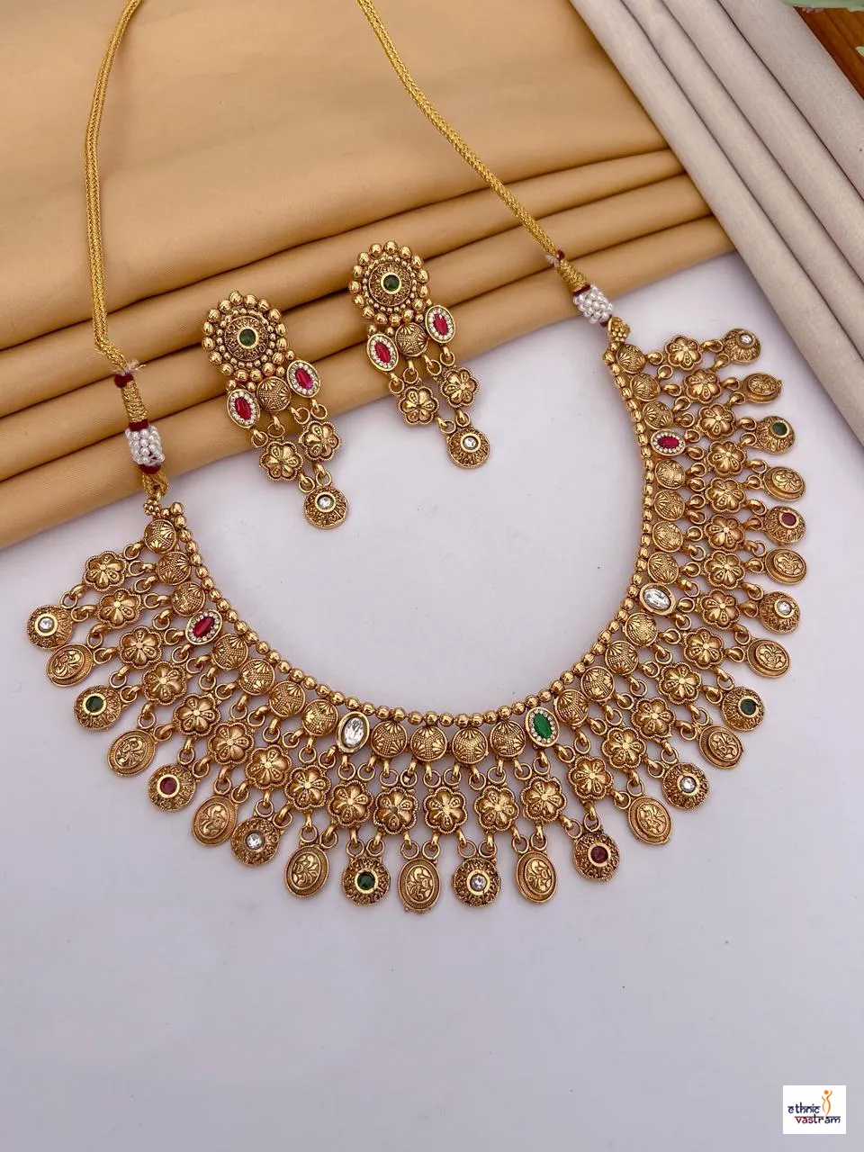 Royal South Indian Gold-Plated Floral Layered Necklace Set