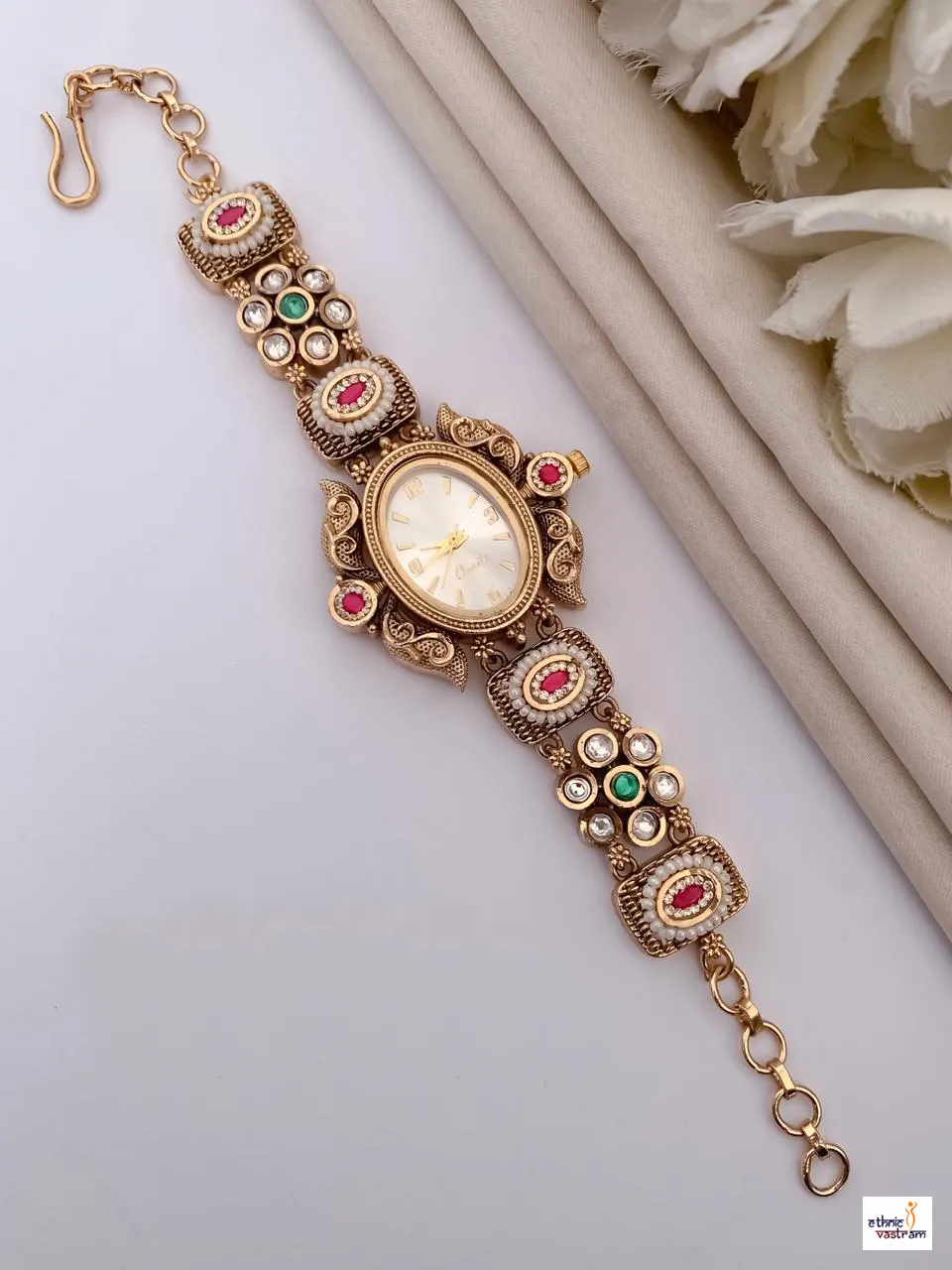 Ruby And Emerald Stones Gold-Plated Traditional Bracelet Watch