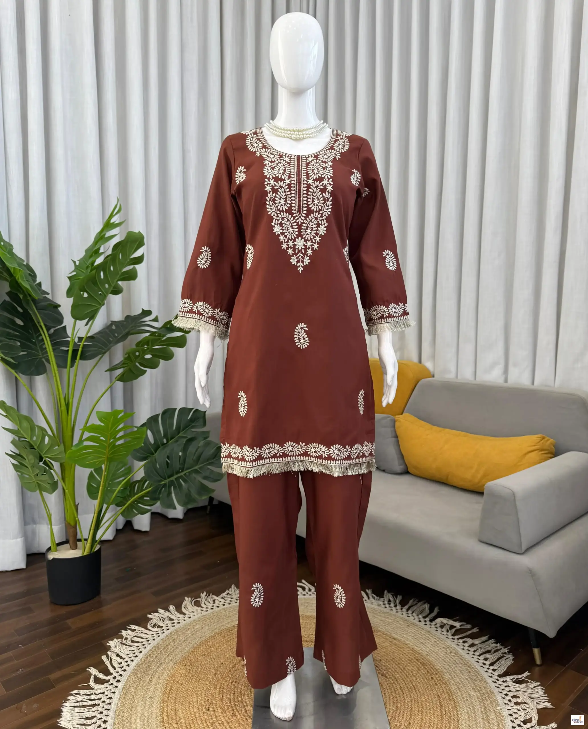 Rust Slub Rayon Short Kurti With Bell Bottom Pant Co-Ord Set