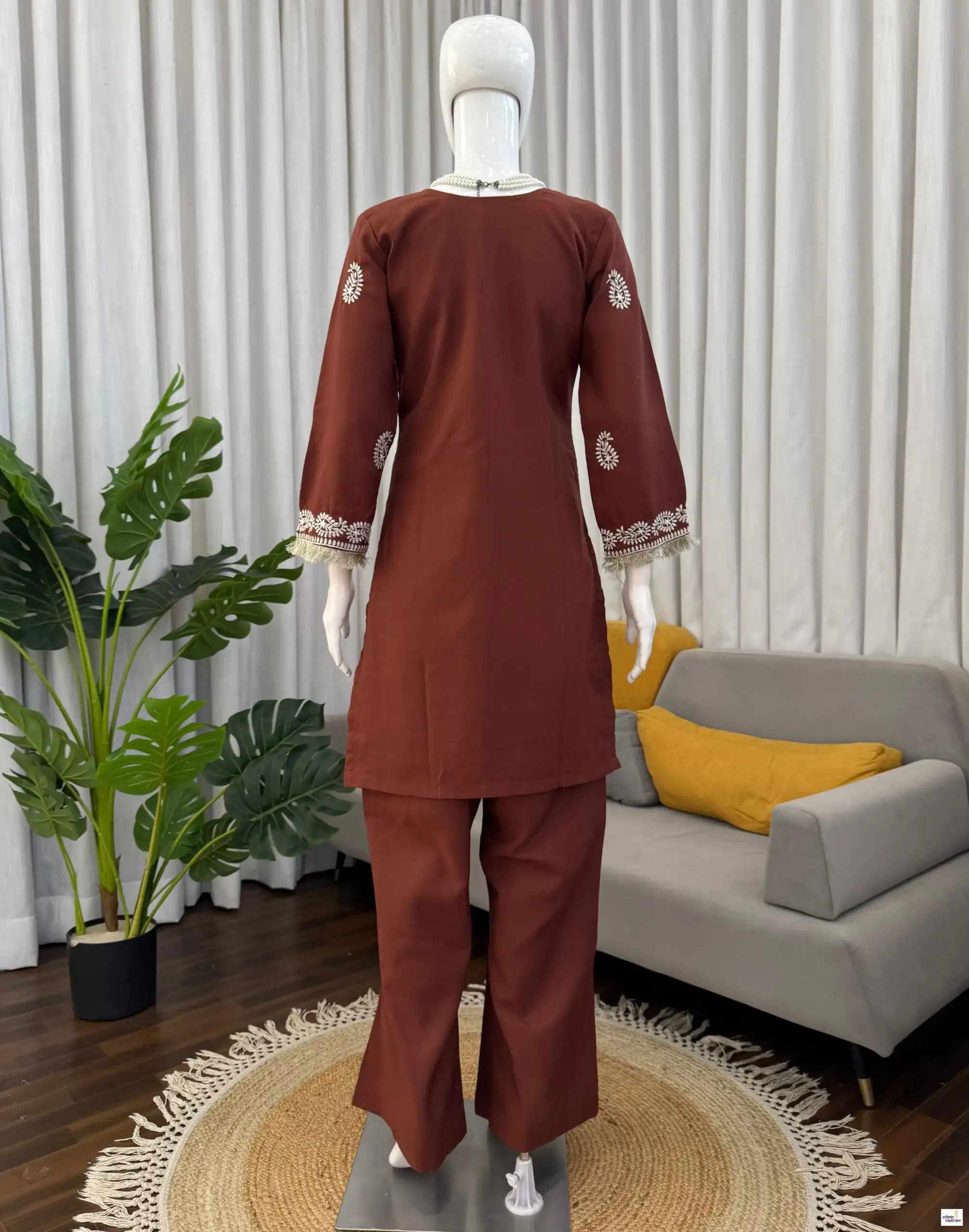 Rust Slub Rayon Short Kurti With Bell Bottom Pant Co-Ord Set - Image 3