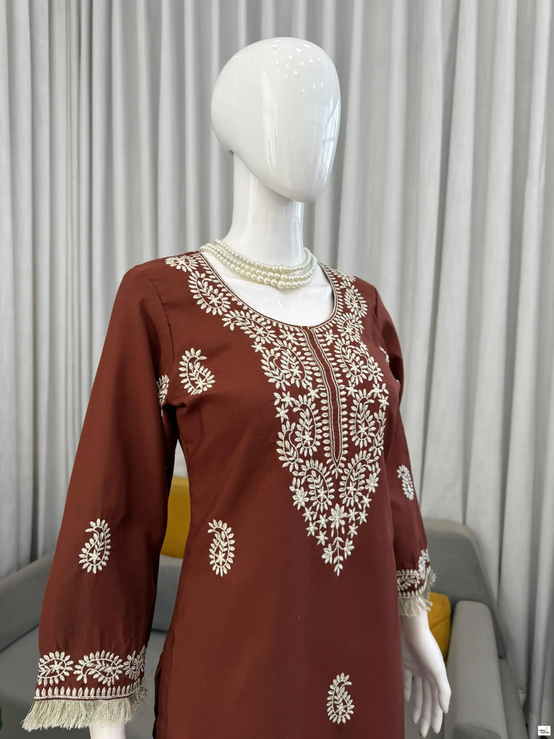 Rust Slub Rayon Short Kurti With Bell Bottom Pant Co-Ord Set - Image 4