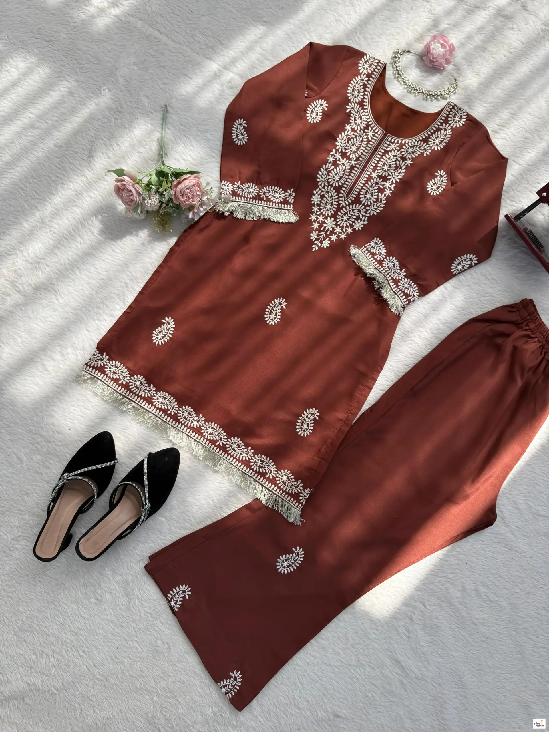 Rust Slub Rayon Short Kurti With Bell Bottom Pant Co-Ord Set - Image 5