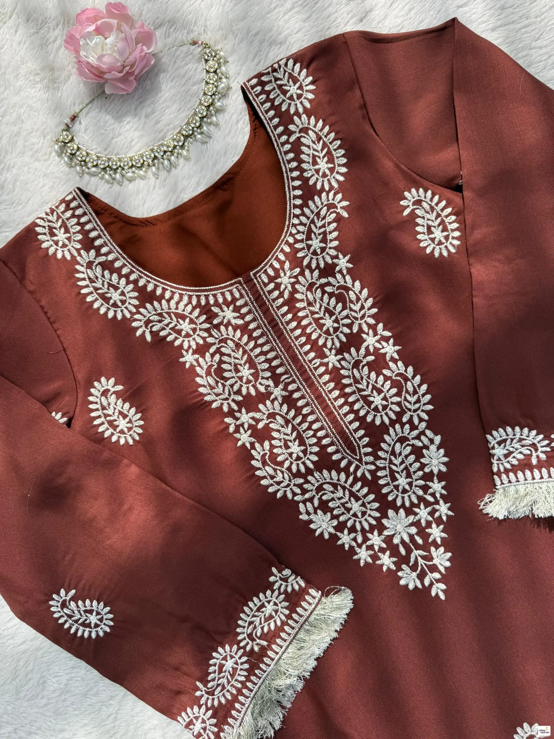 Rust Slub Rayon Short Kurti With Bell Bottom Pant Co-Ord Set - Image 6
