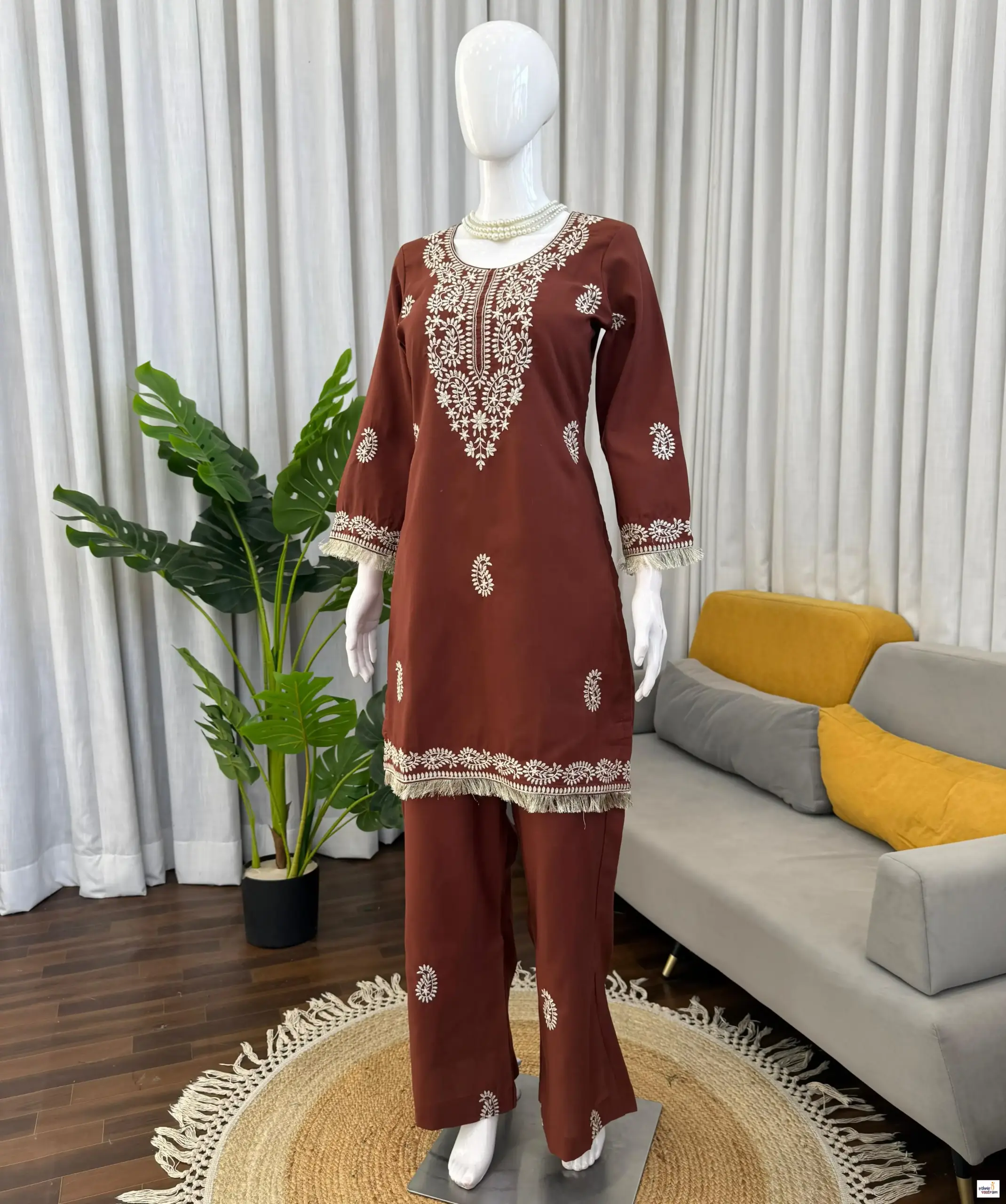 Rust Slub Rayon Short Kurti With Bell Bottom Pant Co-Ord Set - Image 2