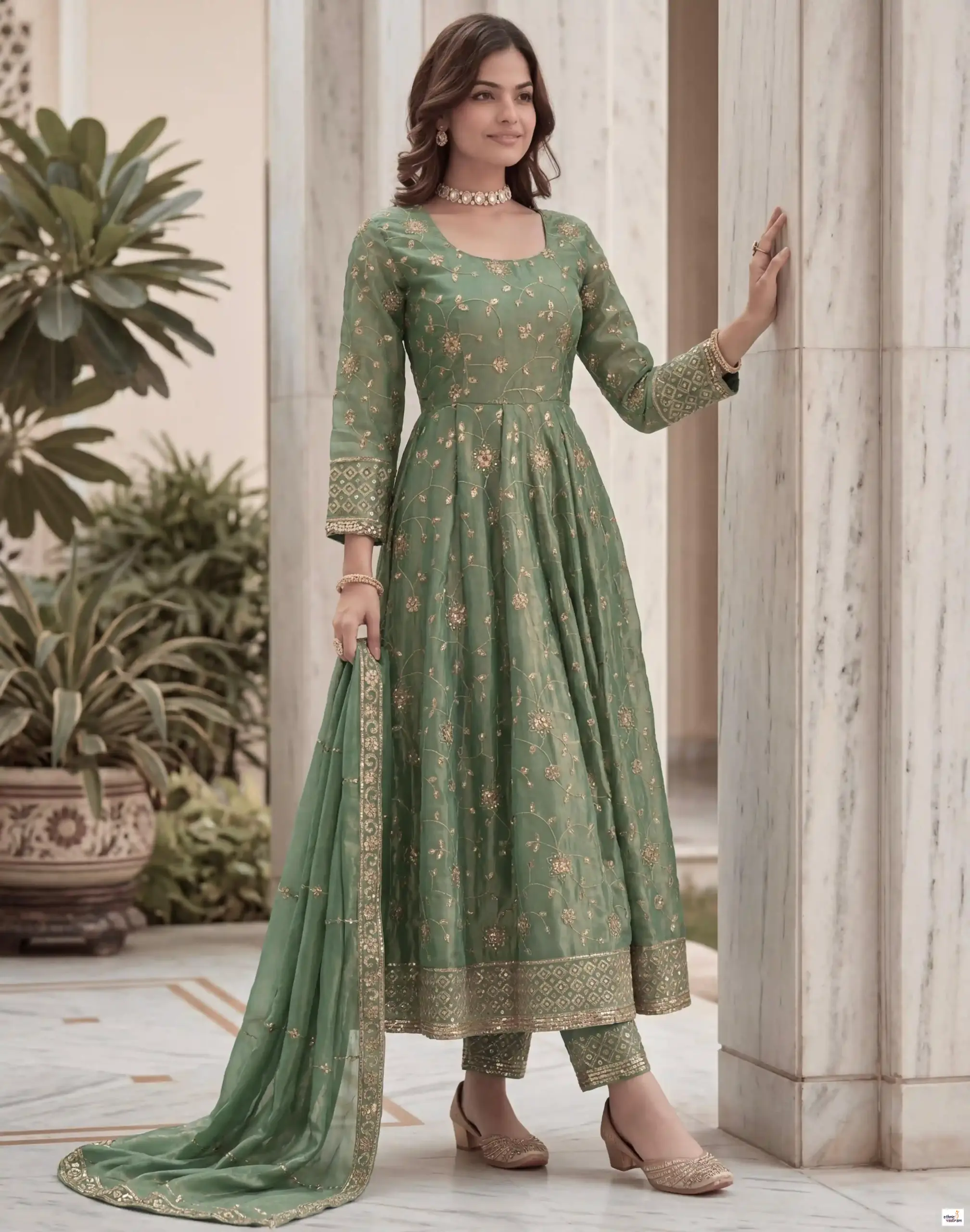Sage Green Fandy Silk Embroidered Sequins Work Gown Set