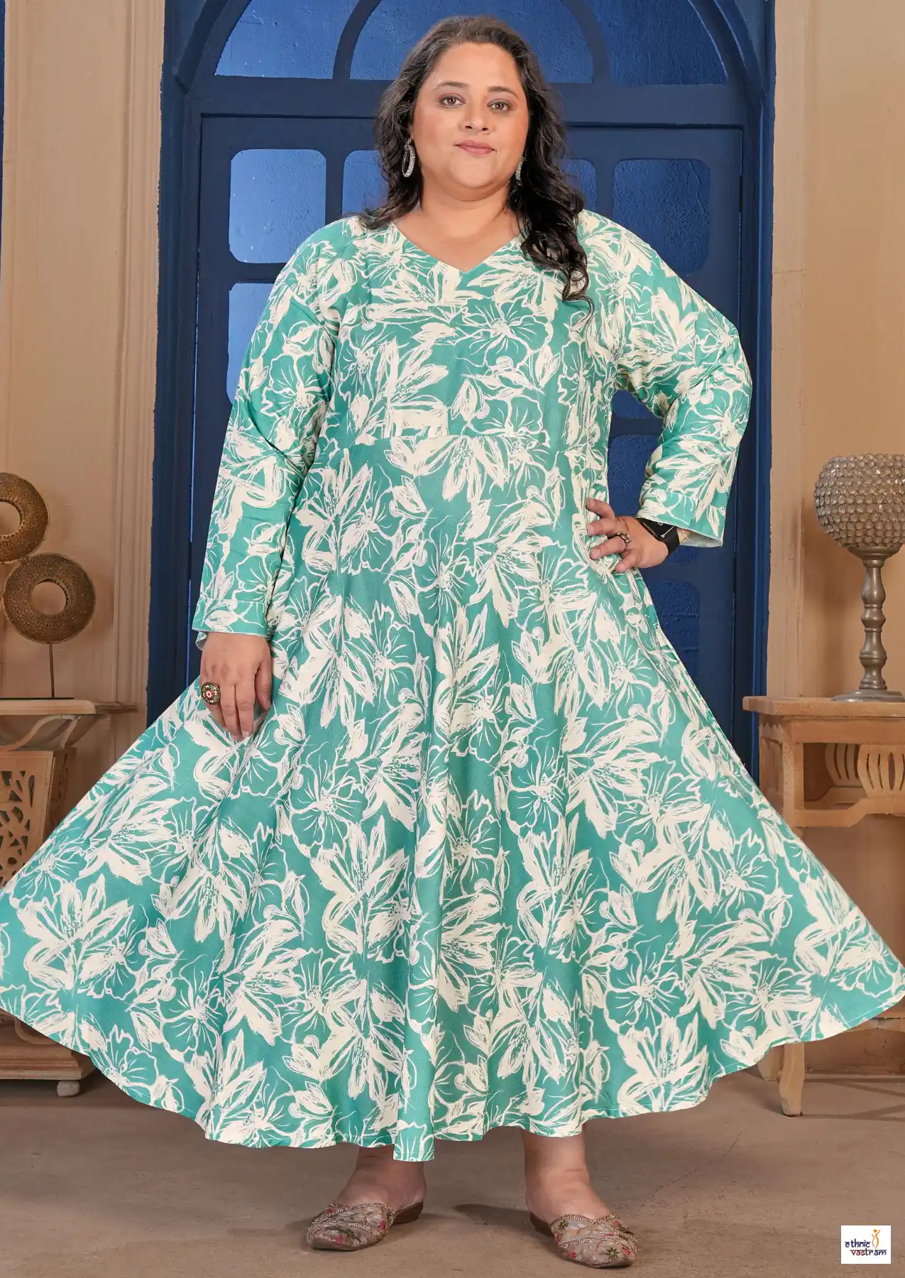 Sea Green Plus Size Premium Rayon Ethnic Wear Long Kurti - Image 2