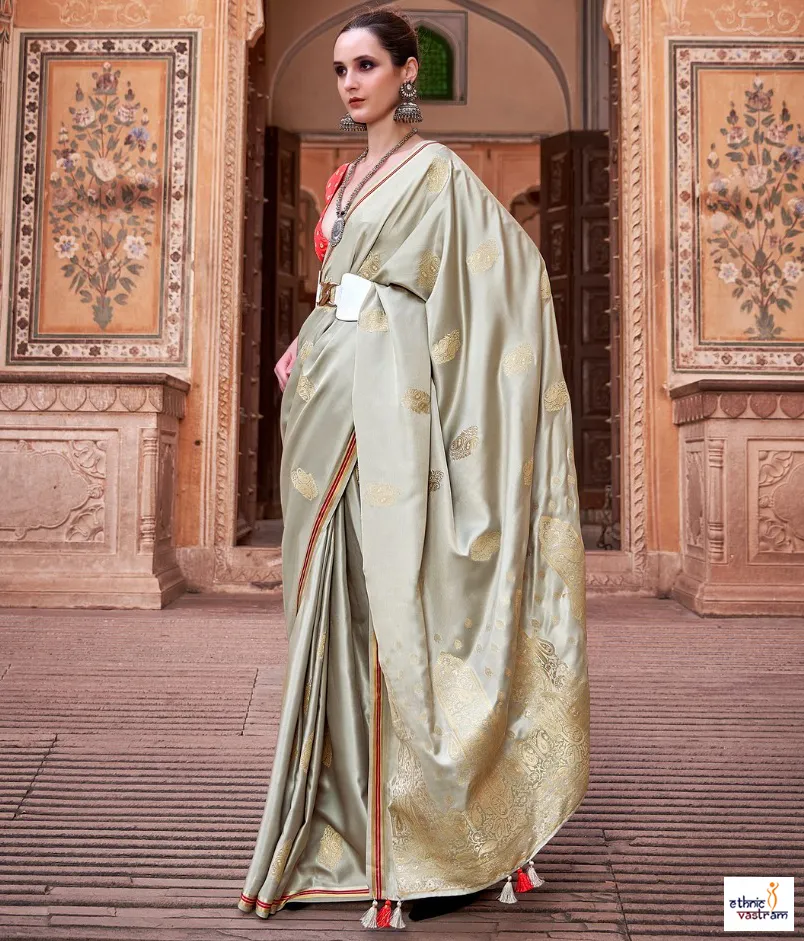 Silver Grey Pure Satin Zari Weaving Work Traditional Saree