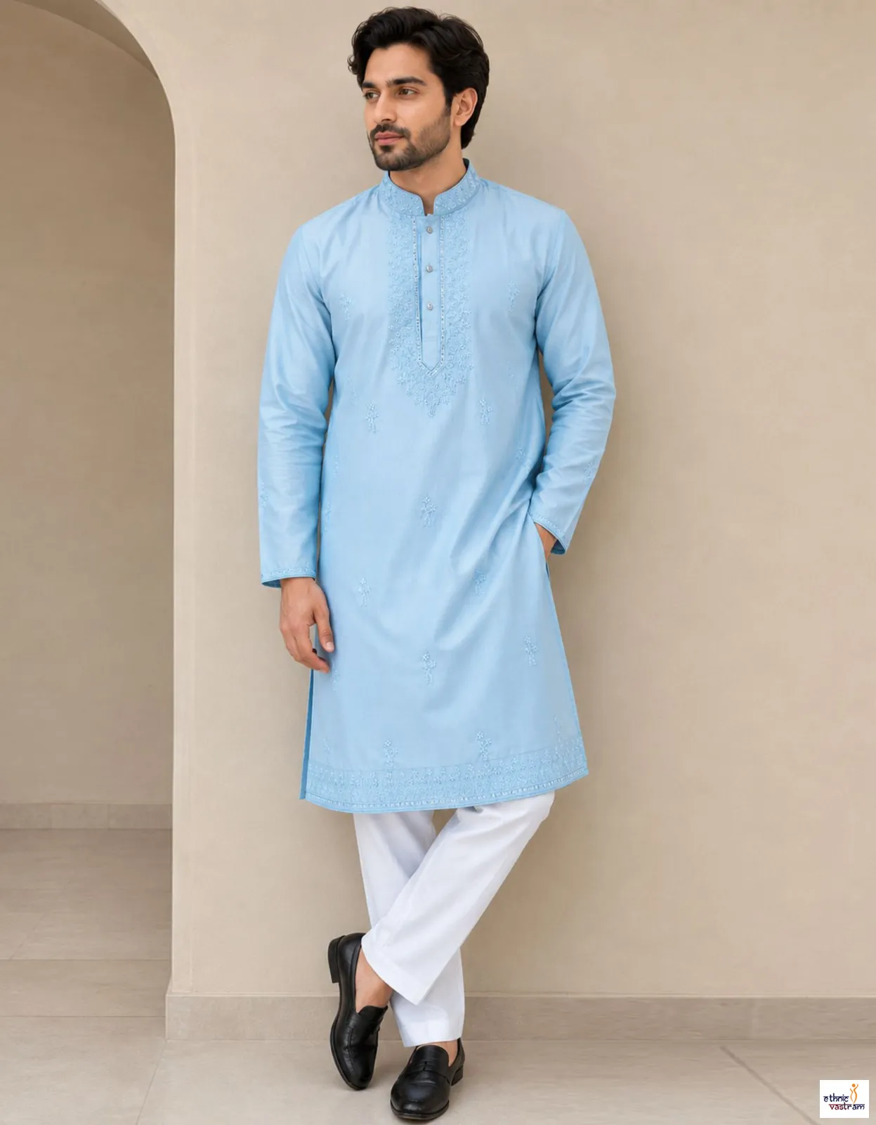 Sky Blue Linen Satin Embroidered & Beads Work Kurta Pajama Set