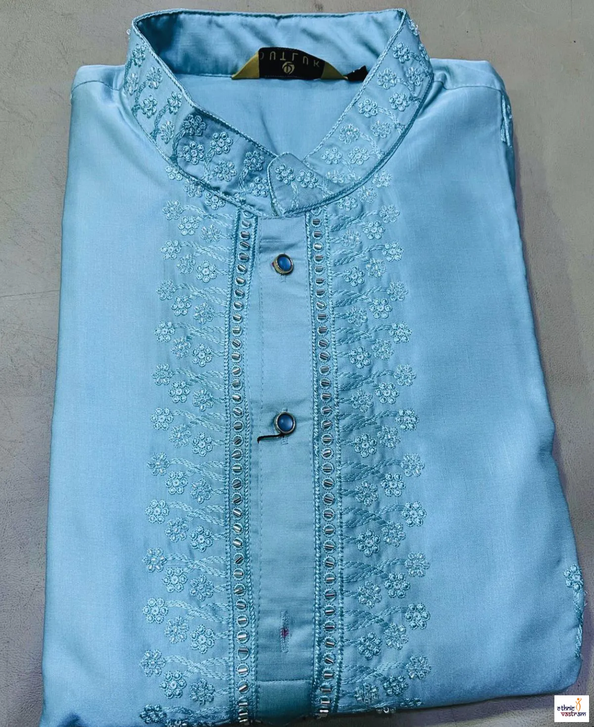 Sky Blue Linen Satin Embroidered & Beads Work Kurta Pajama Set - Image 2
