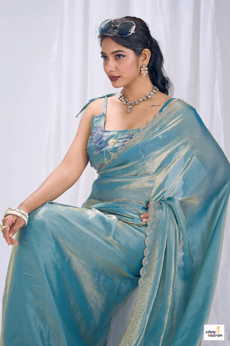 Sky Blue Silk Stone Work Border Work Designer Saree - Image 2