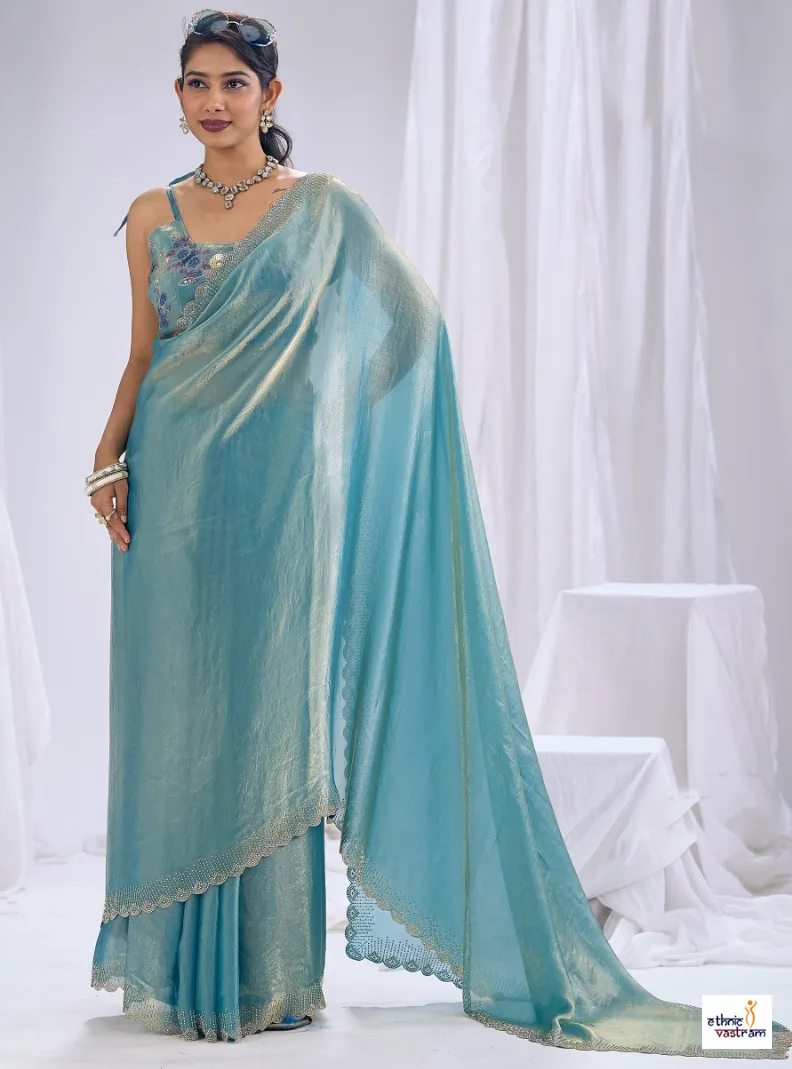 Sky Blue Silk Stone Work Border Work Designer Saree