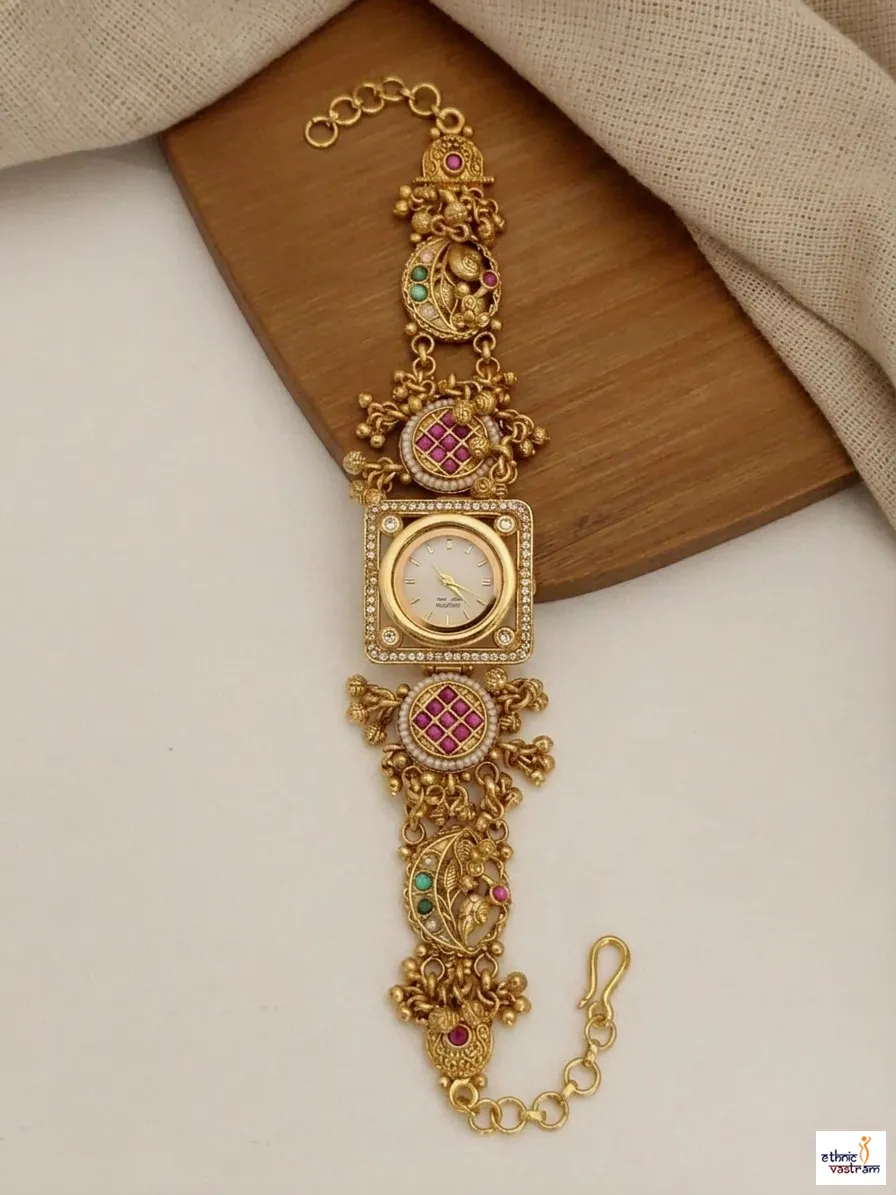 Square White Dial Kundan Stone Work Designer Ethnic Watch