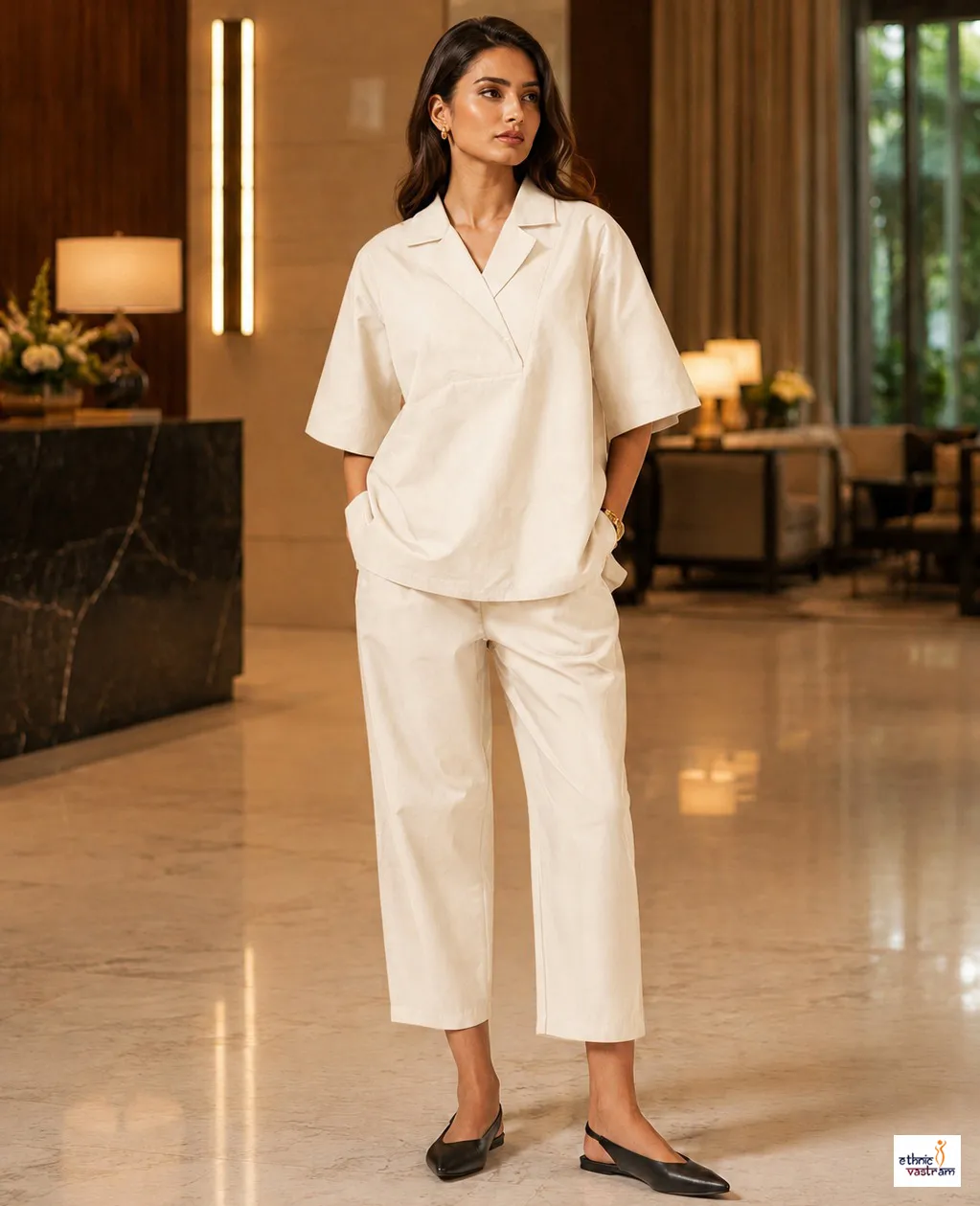 Stylish Off White Cotton Solid Women Co-Ord Set