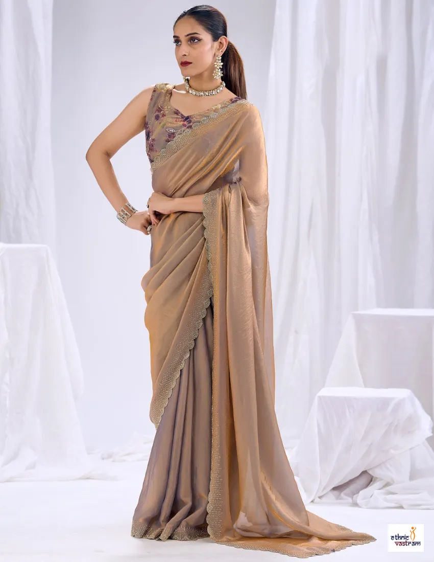 Taupe Grey Silk Stone Work Border Work Designer Saree