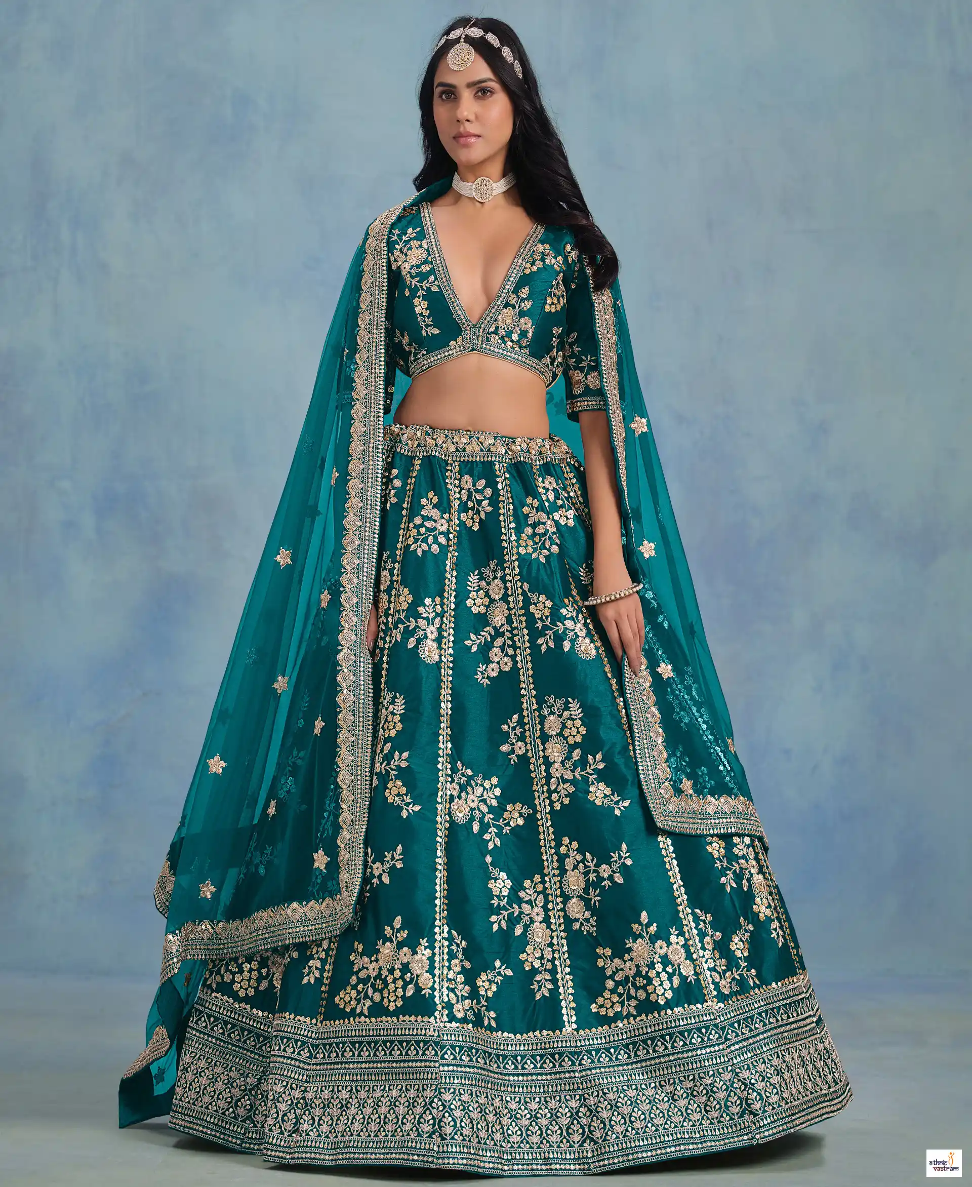 Teal Blue Art Silk Floral Zari Embroidered Lehenga Choli Set