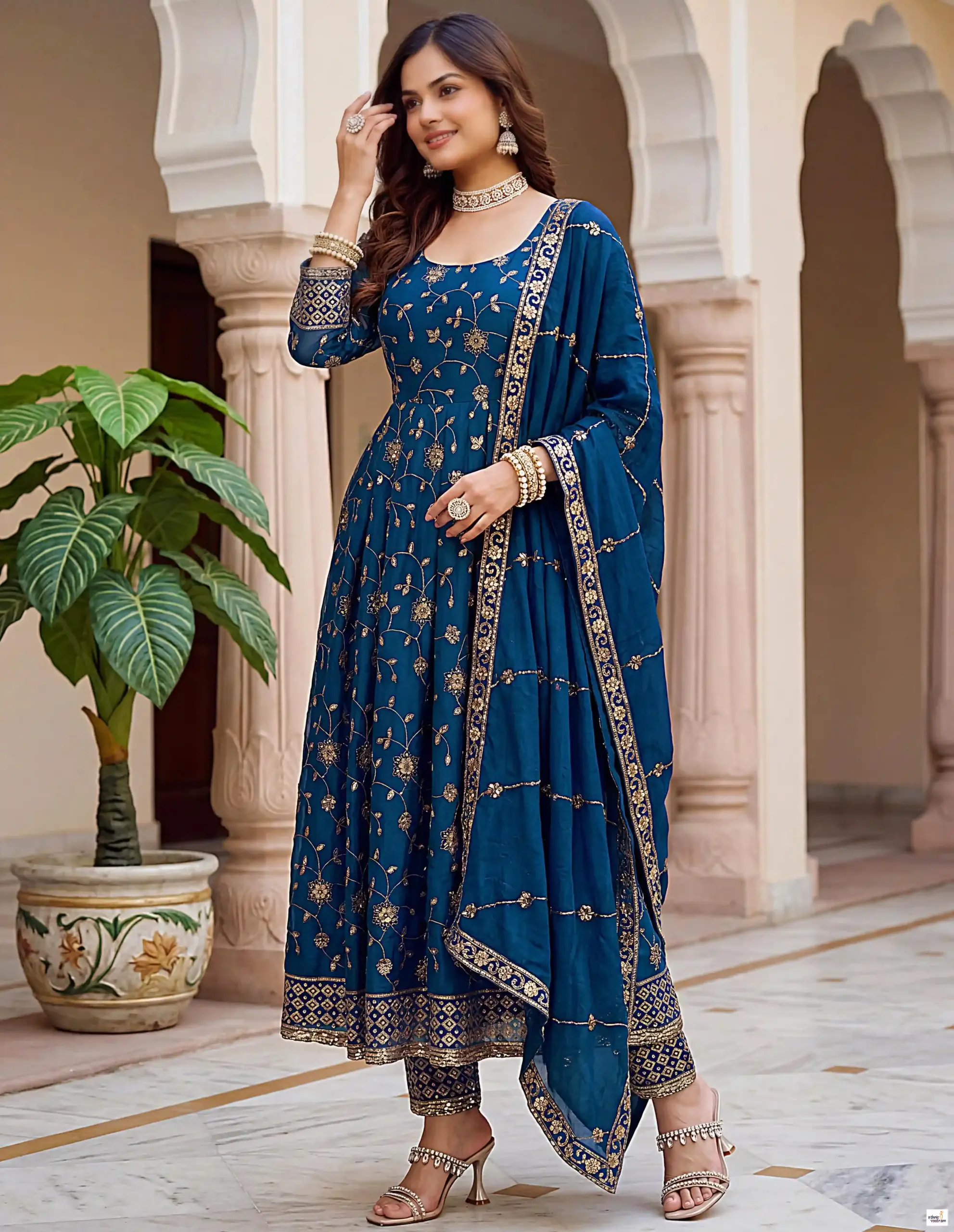 Teal Blue Fandy Silk Embroidered Sequins Work Gown Set