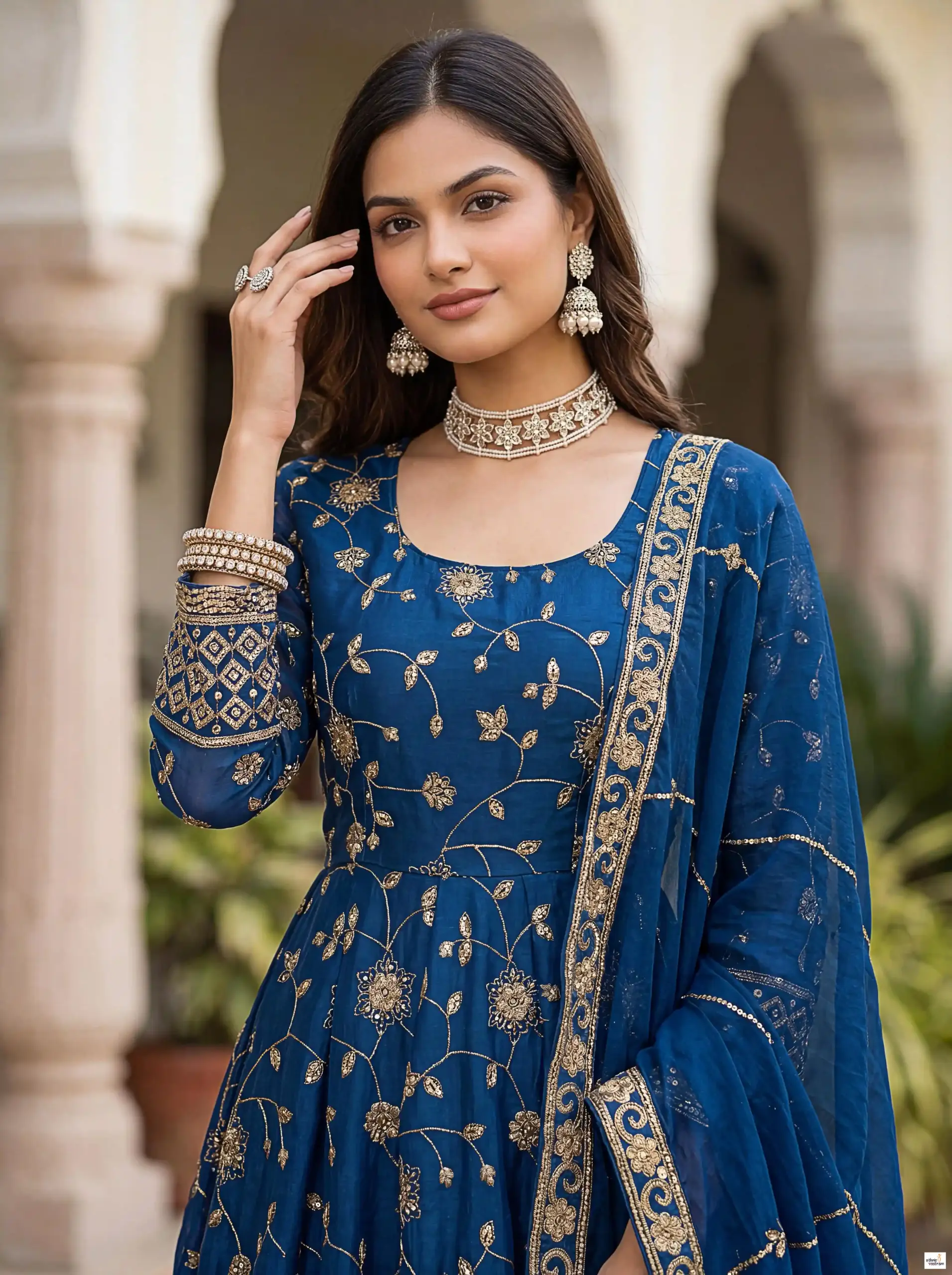 Teal Blue Fandy Silk Embroidered Sequins Work Gown Set - Image 2