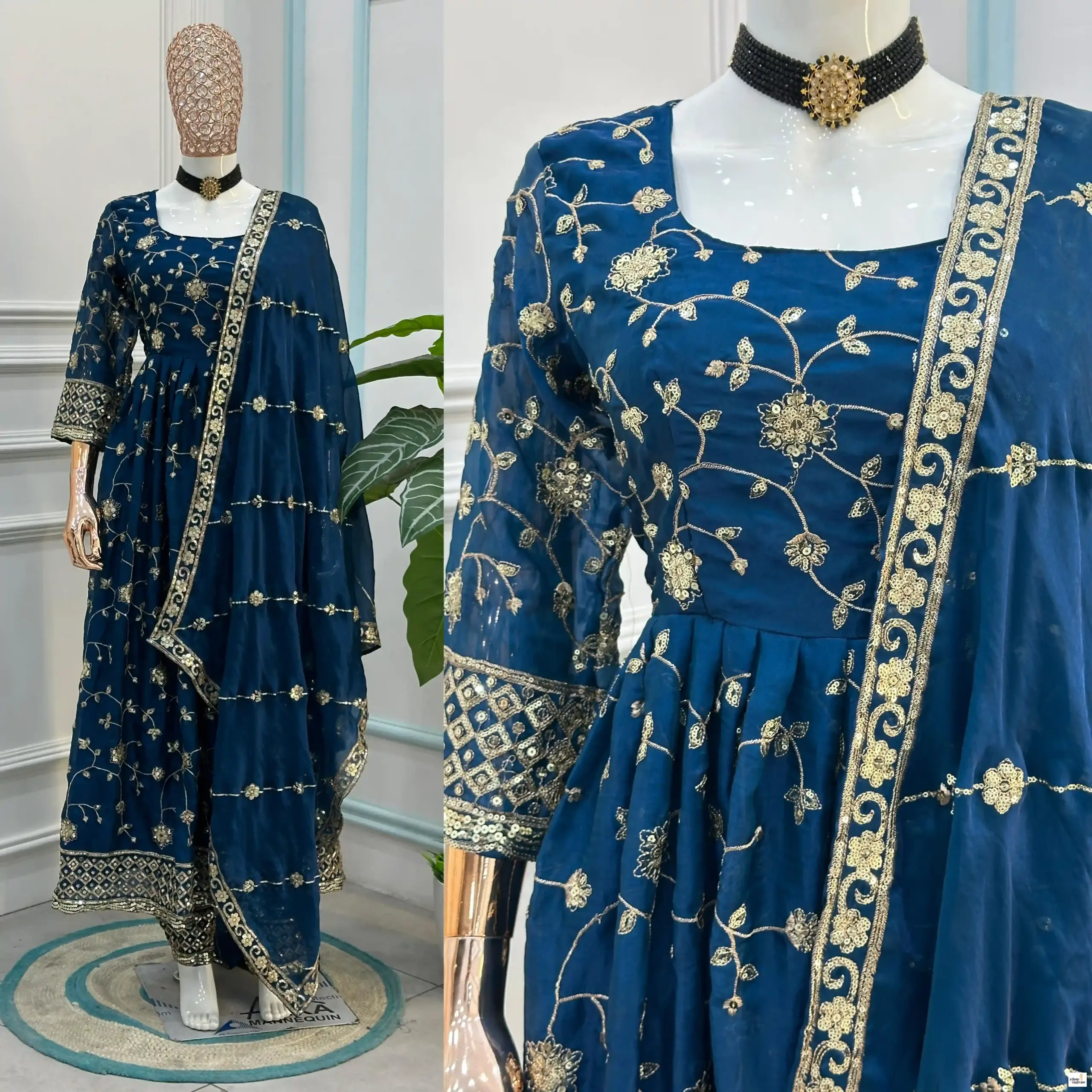 Teal Blue Fandy Silk Embroidered Sequins Work Gown Set - Image 3
