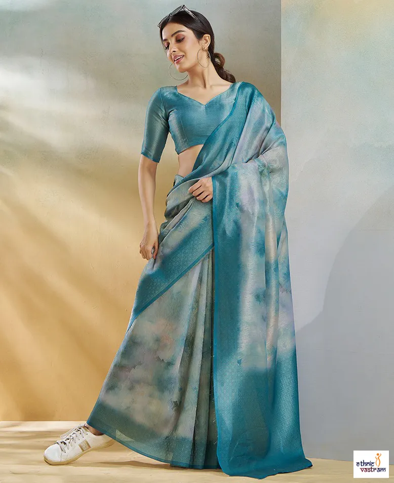 Teal Blue Handloom Weaving Silk Artistic Texture Saree