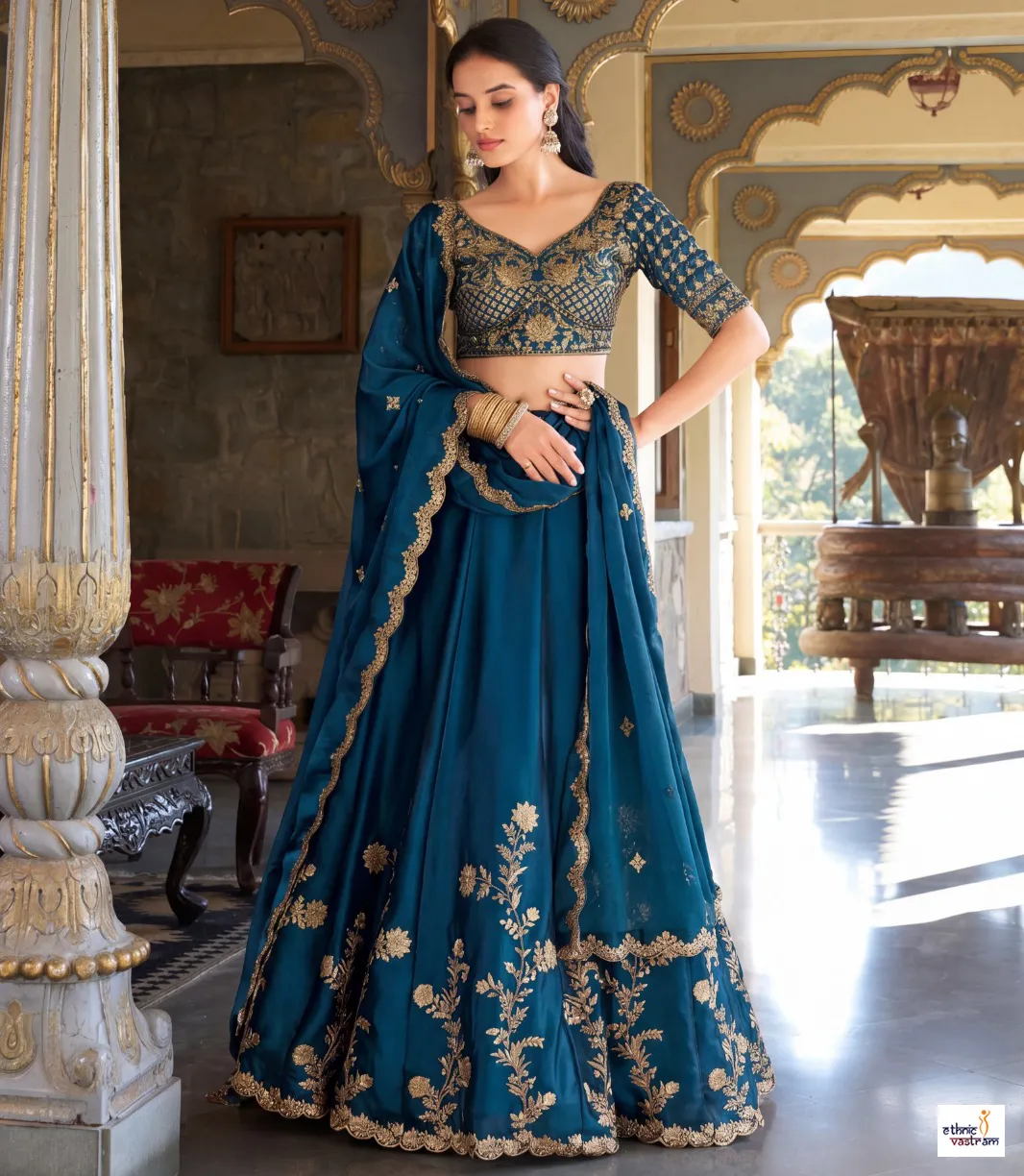 Teal Blue Premium Rangoli Silk Embroidered Lehenga Choli Set