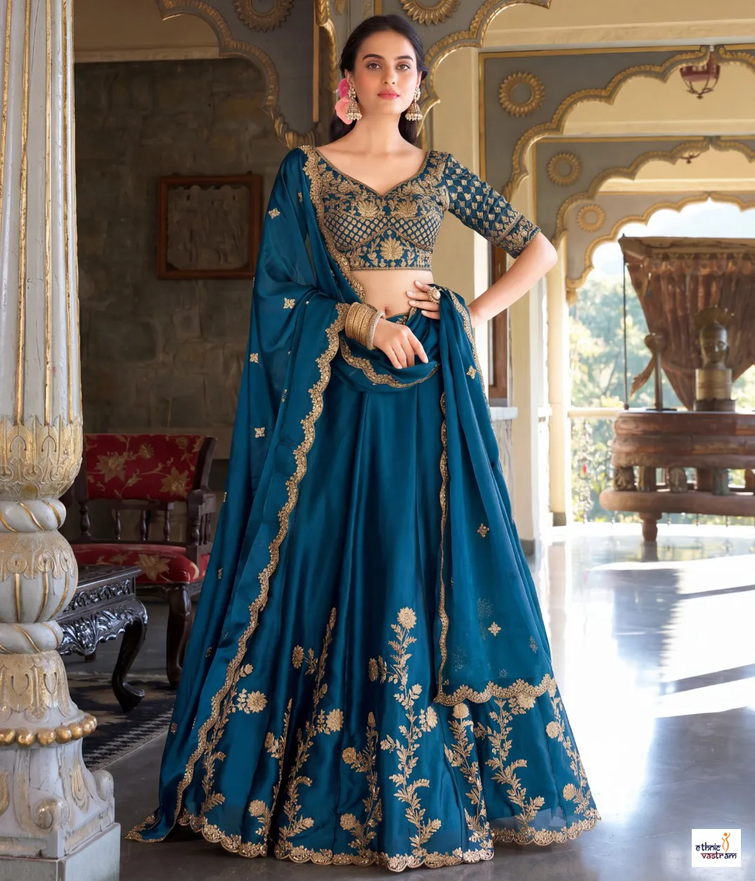 Teal Blue Premium Rangoli Silk Embroidered Lehenga Choli Set - Image 2