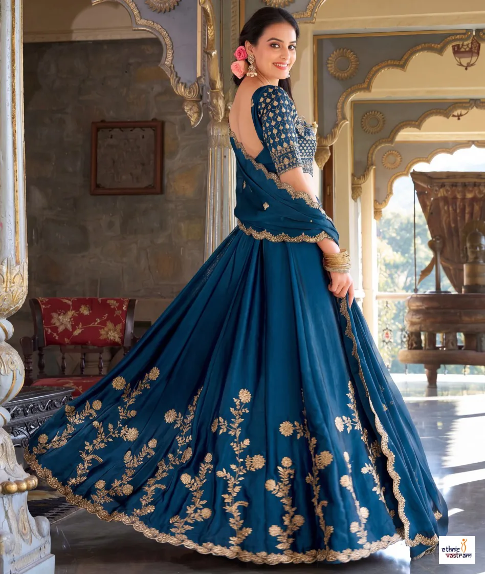 Teal Blue Premium Rangoli Silk Embroidered Lehenga Choli Set - Image 3