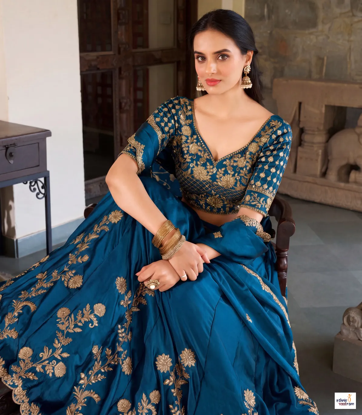 Teal Blue Premium Rangoli Silk Embroidered Lehenga Choli Set - Image 4
