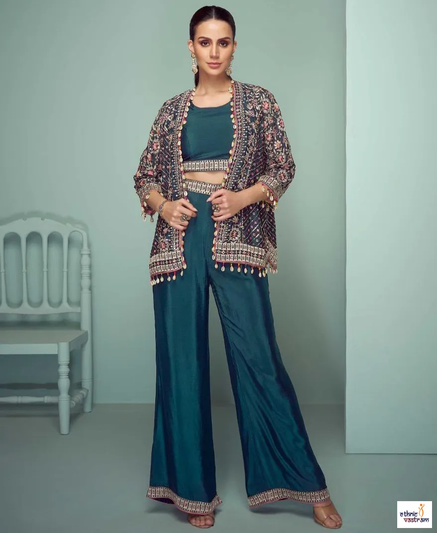 Teal Real Chinnon Embroidered Mirror Work Indo-Western Co-ord Set