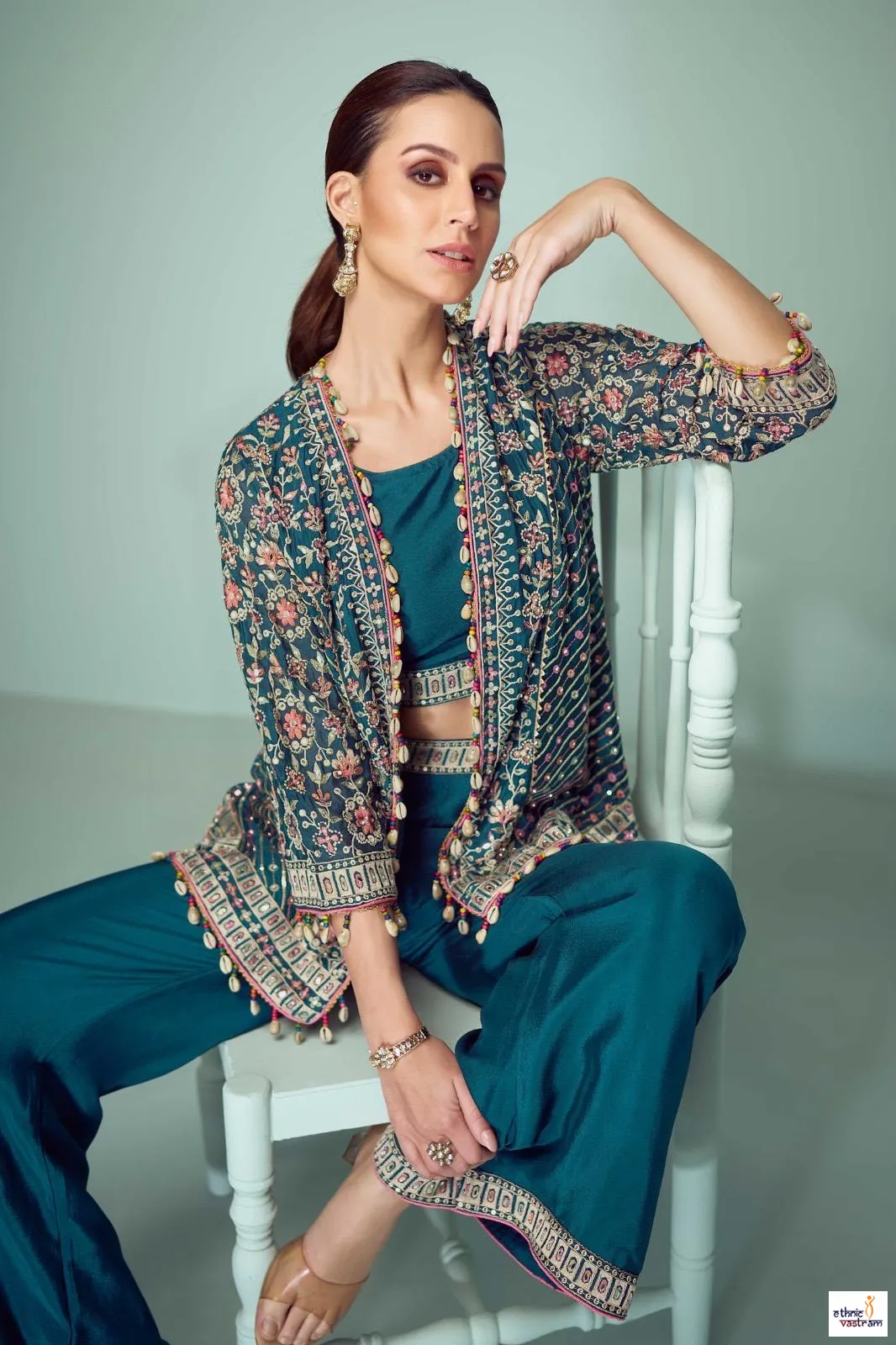 Teal Real Chinnon Embroidered Mirror Work Indo-Western Co-ord Set - Image 2