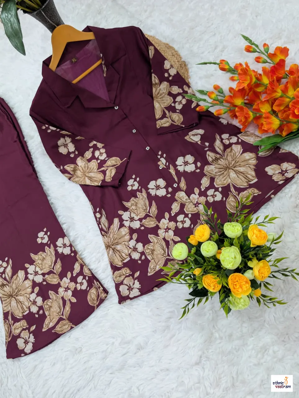 Wine Pure Viscose Rayon Floral Printed Co-Ord Set - Image 3
