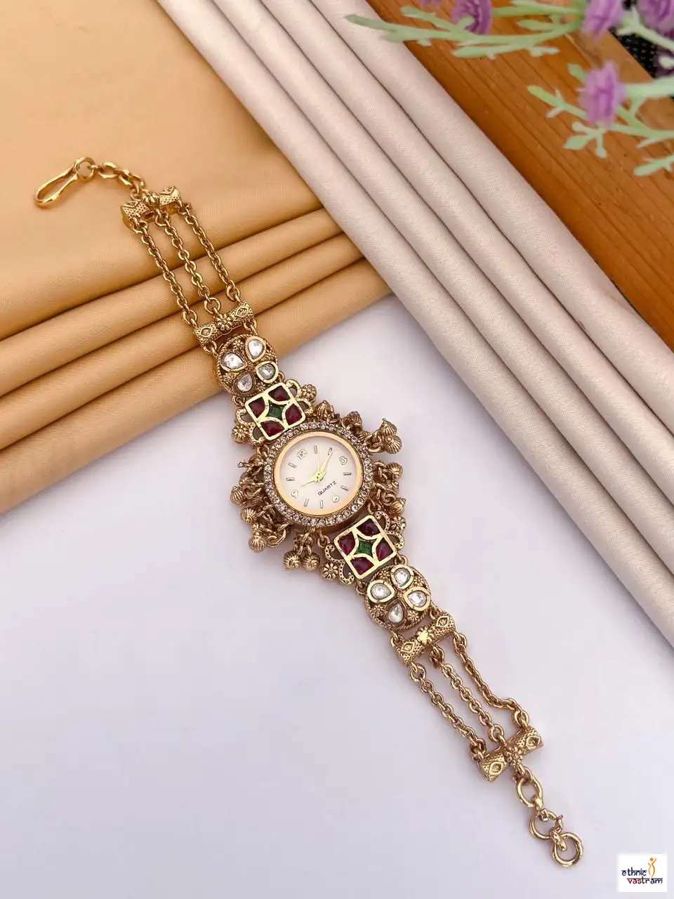 White Dial Red-Green Stone Detailing Kundan Bracelet Watch
