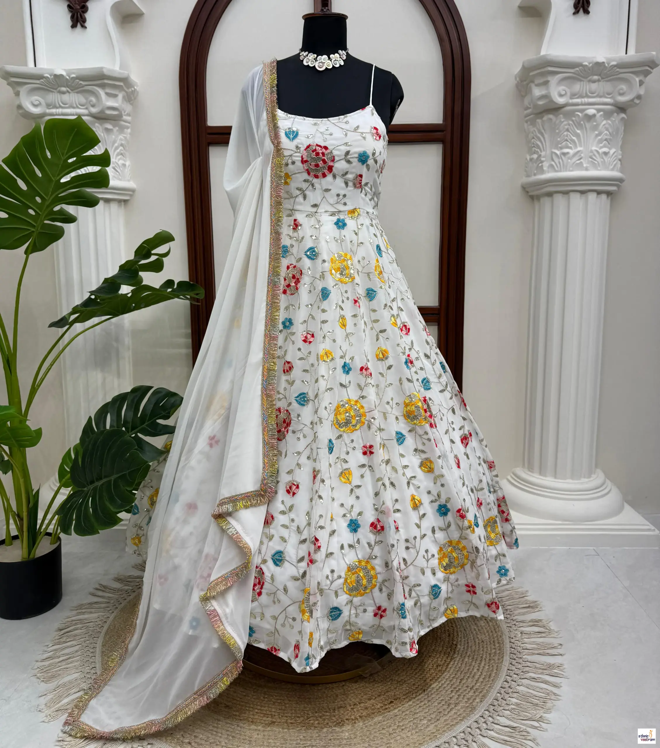 White Faux Georgette Thread & Sequin Work Anarkali Suit