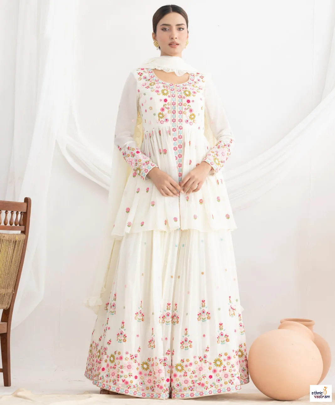 White Georgette Floral Resham & Beads Work Lehenga Set